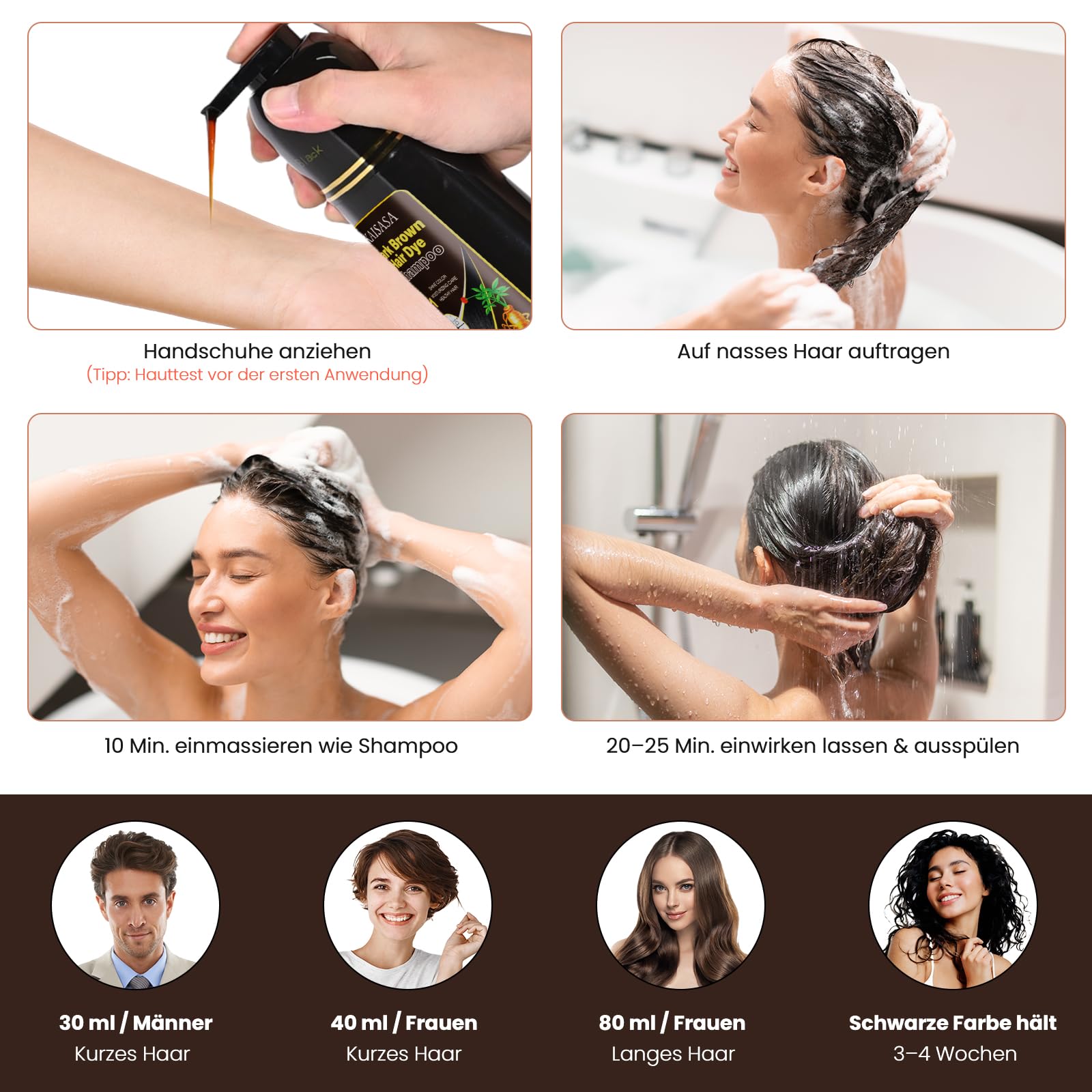 Dark Brown Hair Dye Shampoo Tinte para el cabello marrón oscuro 3 en 1 para hombres y mujeres, color vegetal natural, cobertura y cuidado, resultados de color instantáneos, champú para teñir el