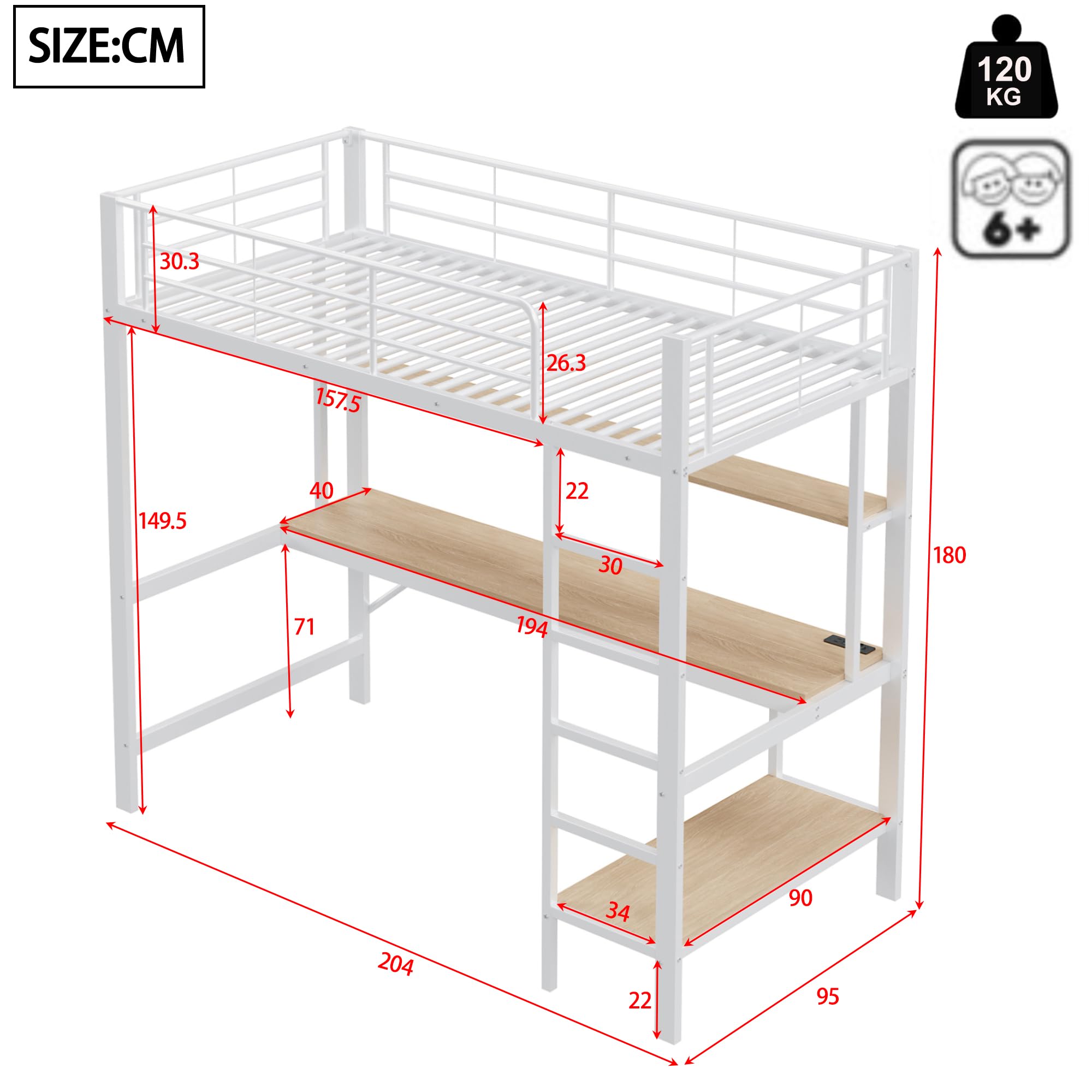 Zepneiy Lit Mezzanine 1 Place avec LED et USB, lit Mezzanine avec Bureau et Plusieurs étagères,Lit Superposé Enfant 90x200 avec échelle et Balustrade, Blanc (sans Matelas)