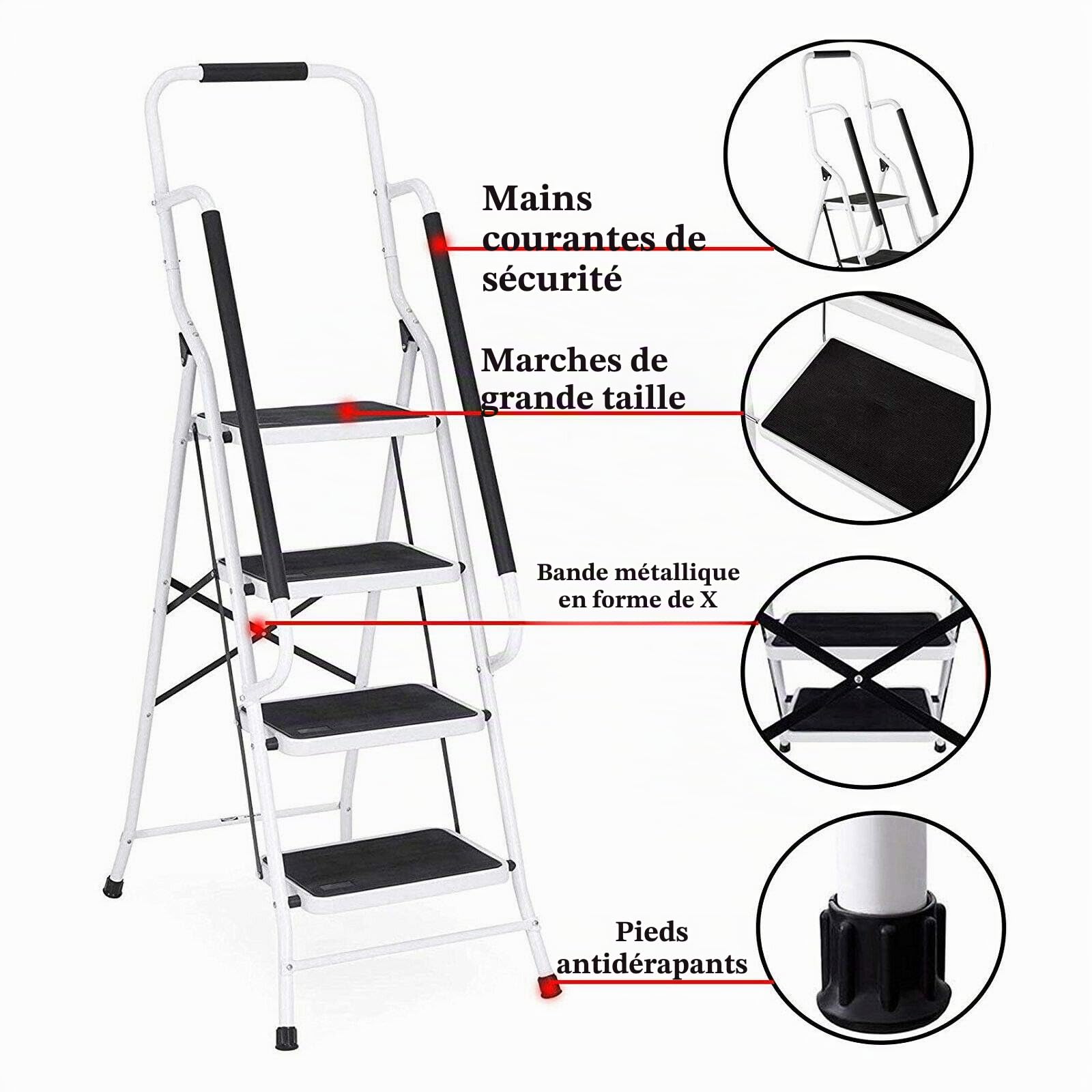 Huini Marchepied pliable 4 marches en acier avec main courante Pour la maison, la cuisine, le bureau