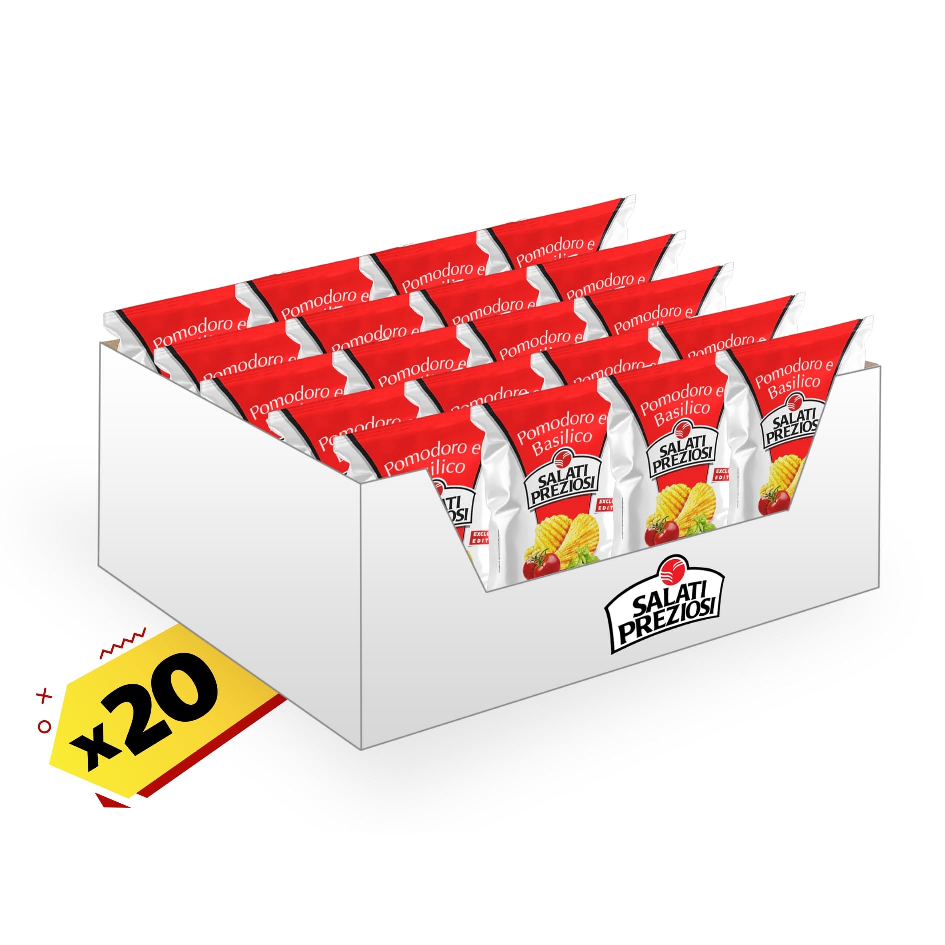 Salati Preziosi | Patatine Pomodoro e Basilico, con sale iodato, snack senza glutine, preparate con olio di semi di girasole, 20 pezzi x 110g