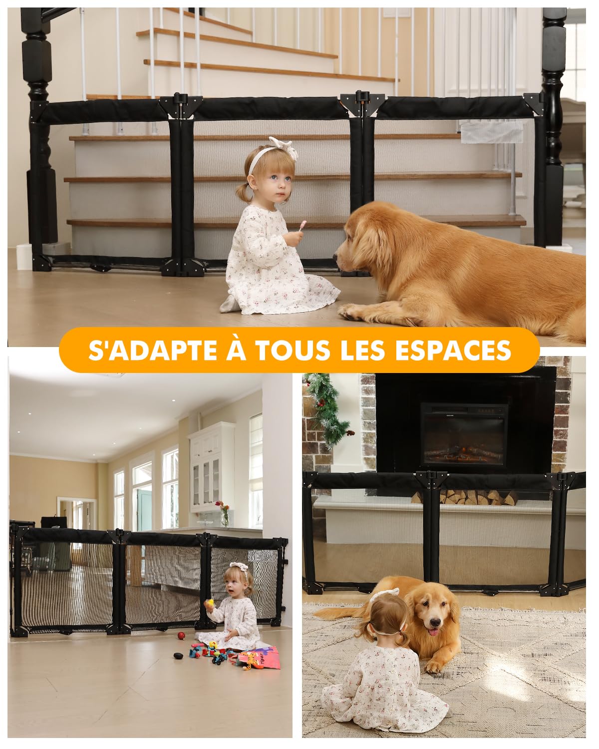 Derimkcoa Barrière de Sécurité Enfants pour Cheminée avec Porte 210 cm, 3 Pièces Barrière Escalier Pliable Bébé, Protection Enfants et Animaux, Grille de Sécurité pour Poêle