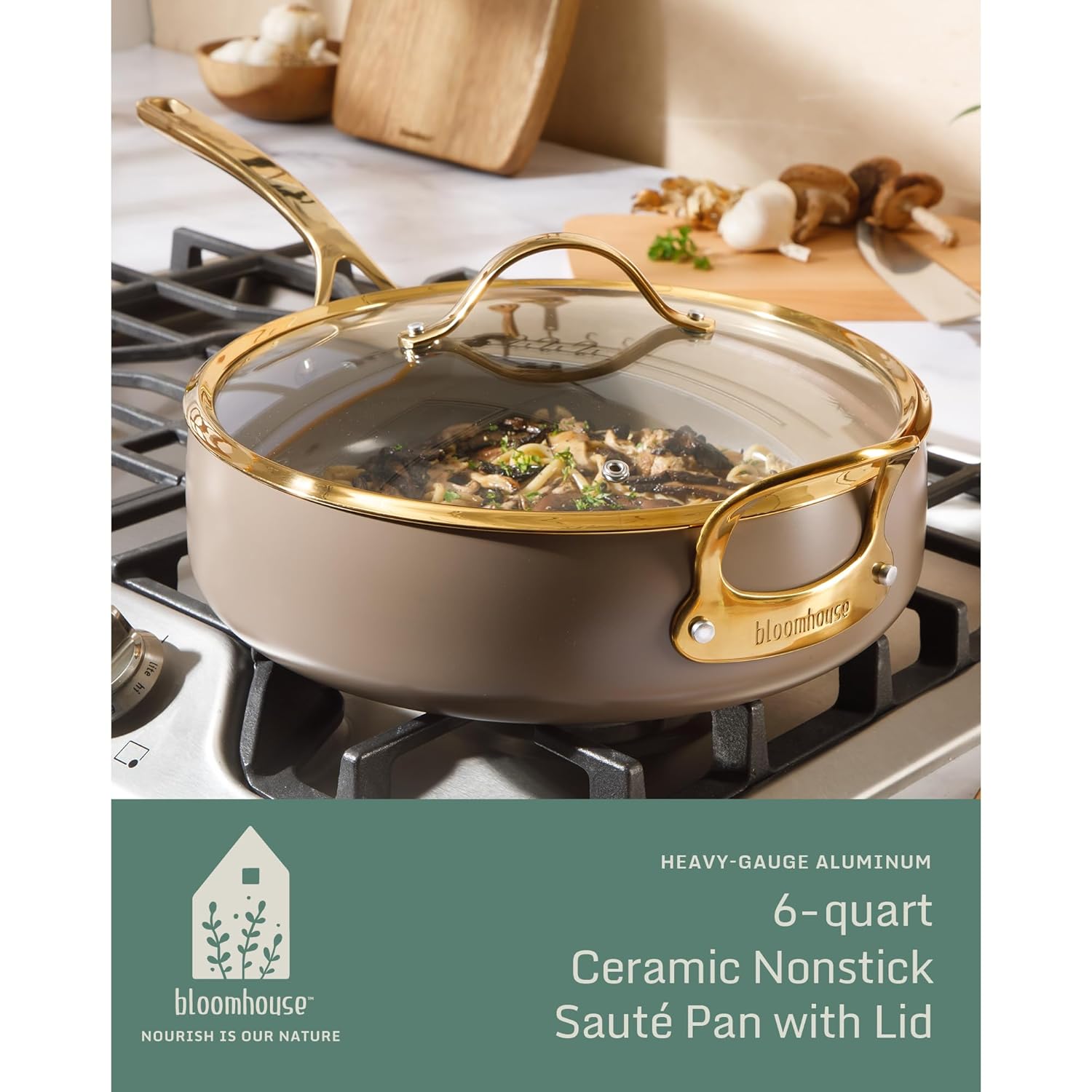 Bloomhouse - Two Time Oprah's Favorite Things Winner - 6 QT Heavy Duty Aluminum Premium PFA Free Ceramic Nonstick Saute/Deep Frying Pan Skillet with Lid - Cappuccino Cream with Gold Handle - Image 2