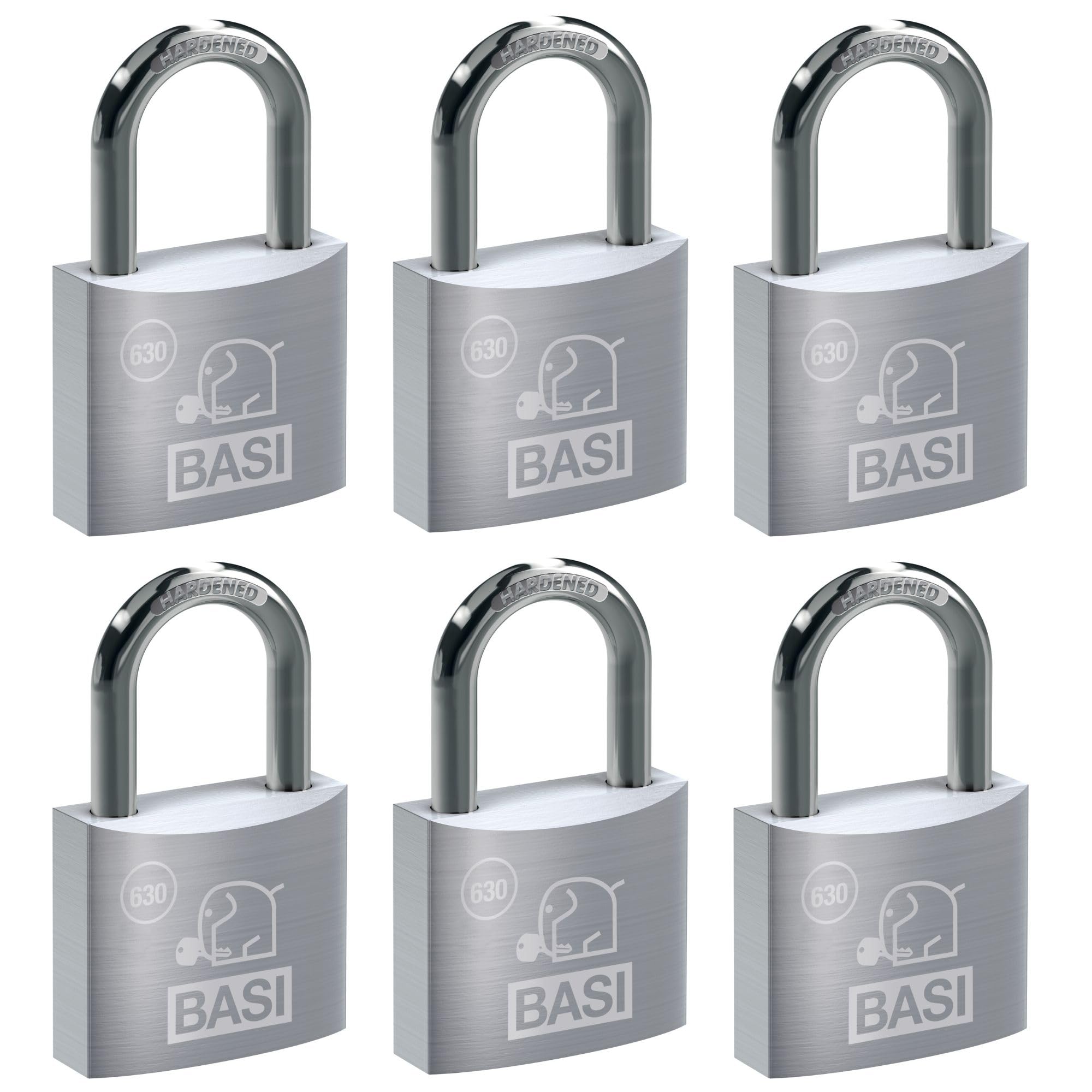 BASI Juego de 6 candados | 50 mm | cierre uniforme | carcasa de aluminio macizo | grillete de acero endurecido | candado seguro | grosor de 7 mm | 6 unidades