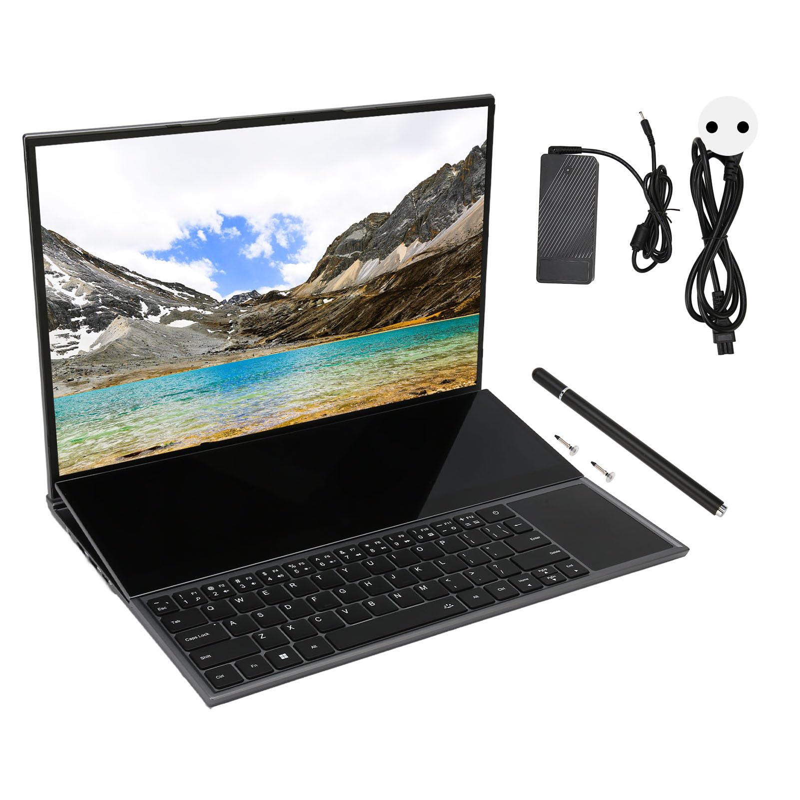 Laptop z Podwójnym Ekranem 16 Cali 1920x1200 HD Laptop, I9 10885H Procesor 16 GB Pamięci RAM, Panel Dotykowy Ekranu Głównego, Znakomity Ciemnoszary (16 GB+256 GB wtyczka UE)