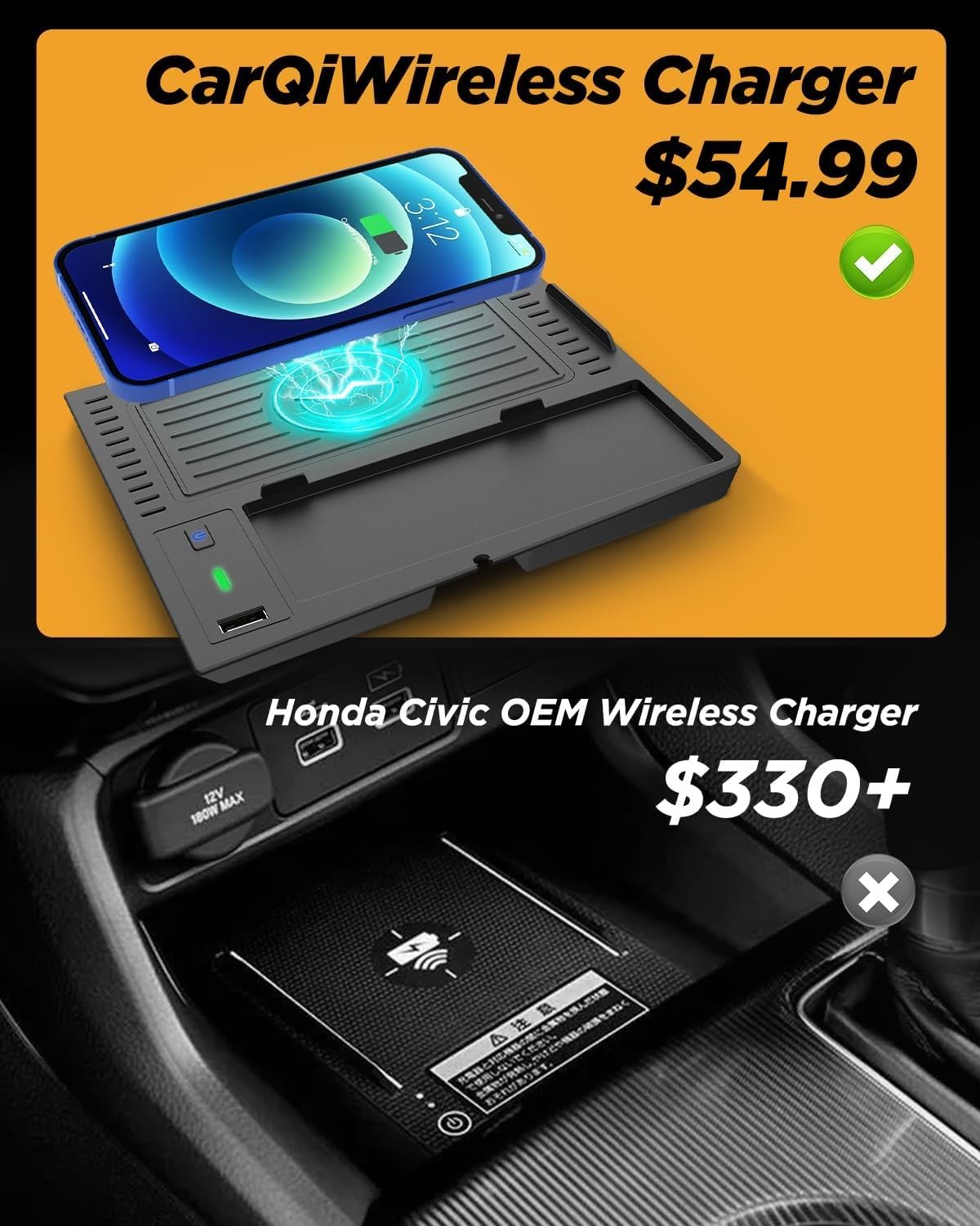 CarQiWireless Caricabatterie wireless per Honda Civic 2022-2024 Accessori,Pad di ricarica wireless per accessori sportivi Honda Civic 2024 2023 2022,Accessori civici di 11a generazione per Honda Civic