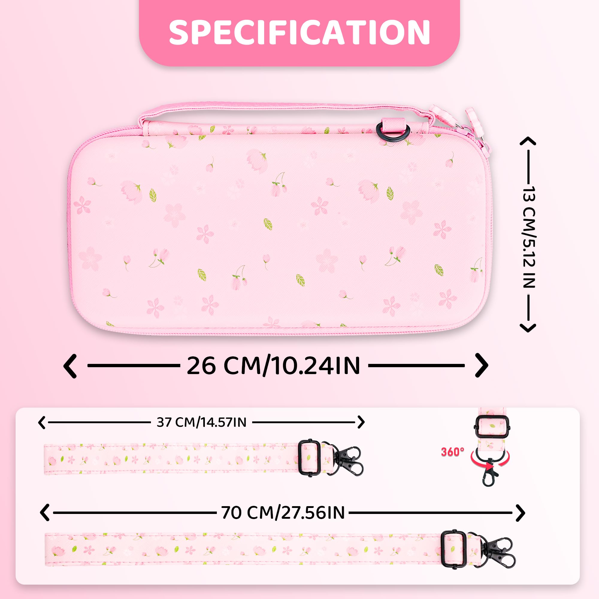 FANPL Custodia da trasporto carina per Nintendo Switch 2, kit di accessori per interruttore rosa con custodia rigida da viaggio con motivo floreale, cover Sakura glitterata, cinturino regolabile
