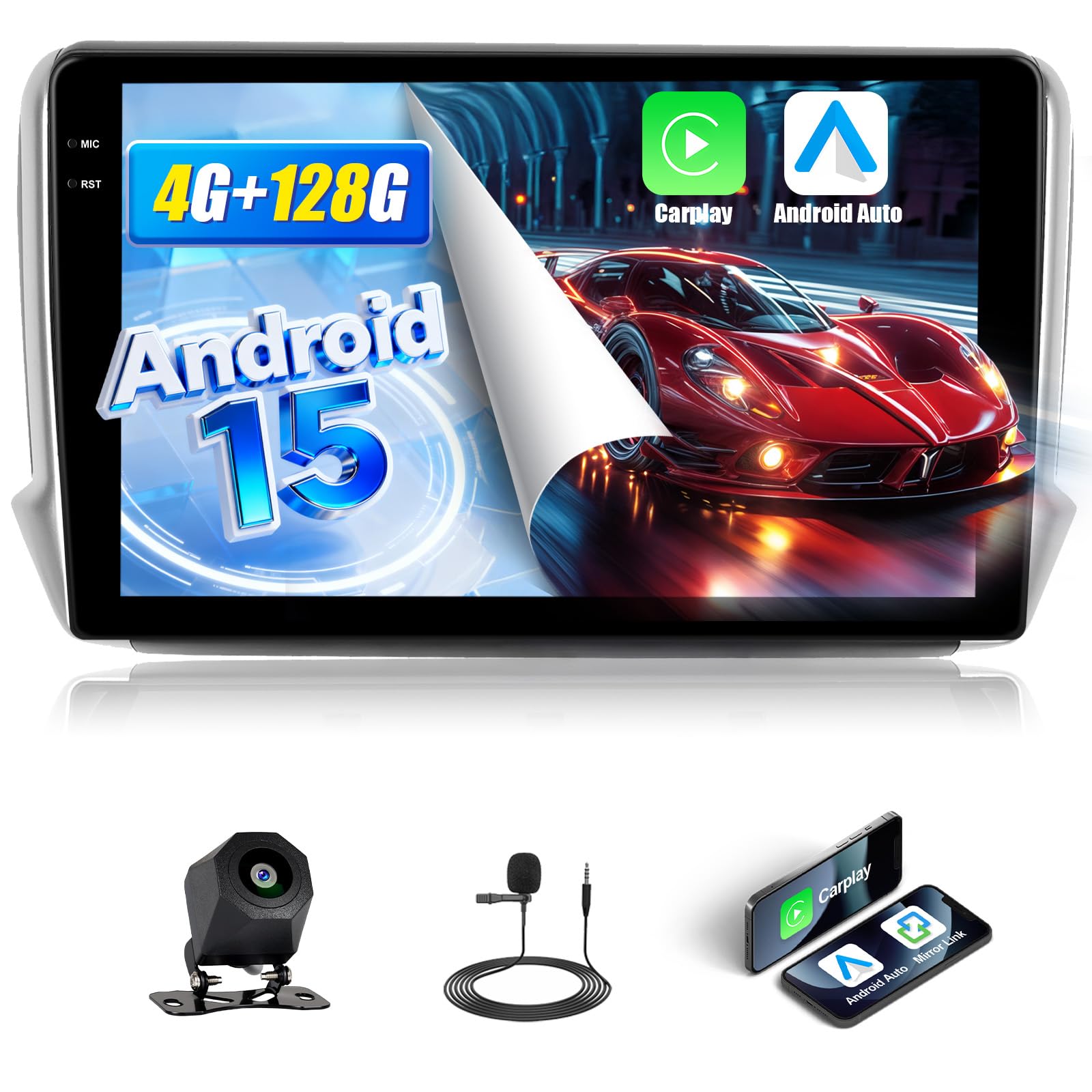 Android 15, 4G+128G GOHHDL Autoradio pour Peugeot 208 2008 2012-2018 avec Wireless Carplay Android Auto, 10.1 Pouces Poste Radio Voiture avec GPS Navi WiFi Bluetooth FM/RDS EQ SWC AHD Caméra&Mic