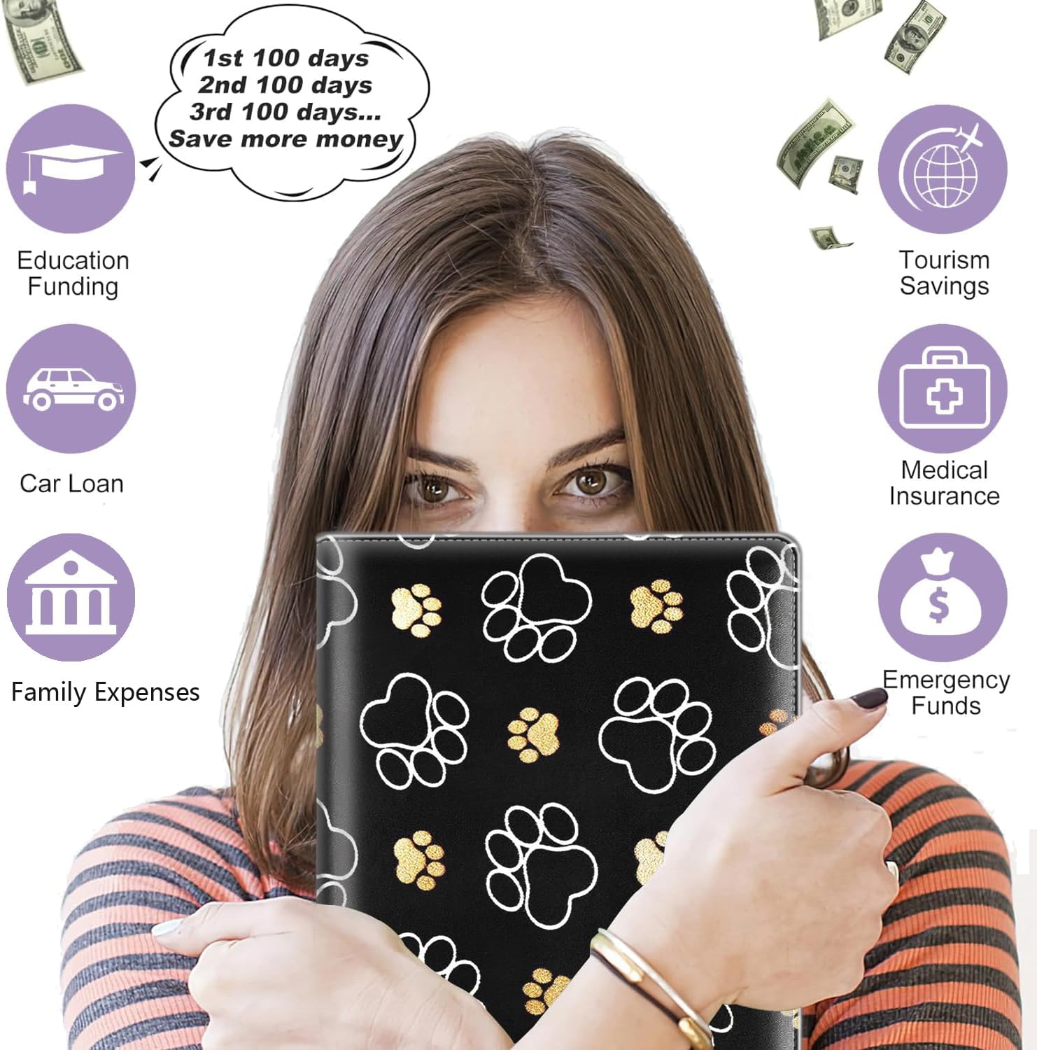 100 Envelopes Money Saving Challenge Binder, A5 Budget Binder with 25 pcs Cash Envelopes, 3 pcs Reusable Laminated Trackers Saving $5050, $500, $10000, Money Organizer,Cute Dog Paw Prints Gold White