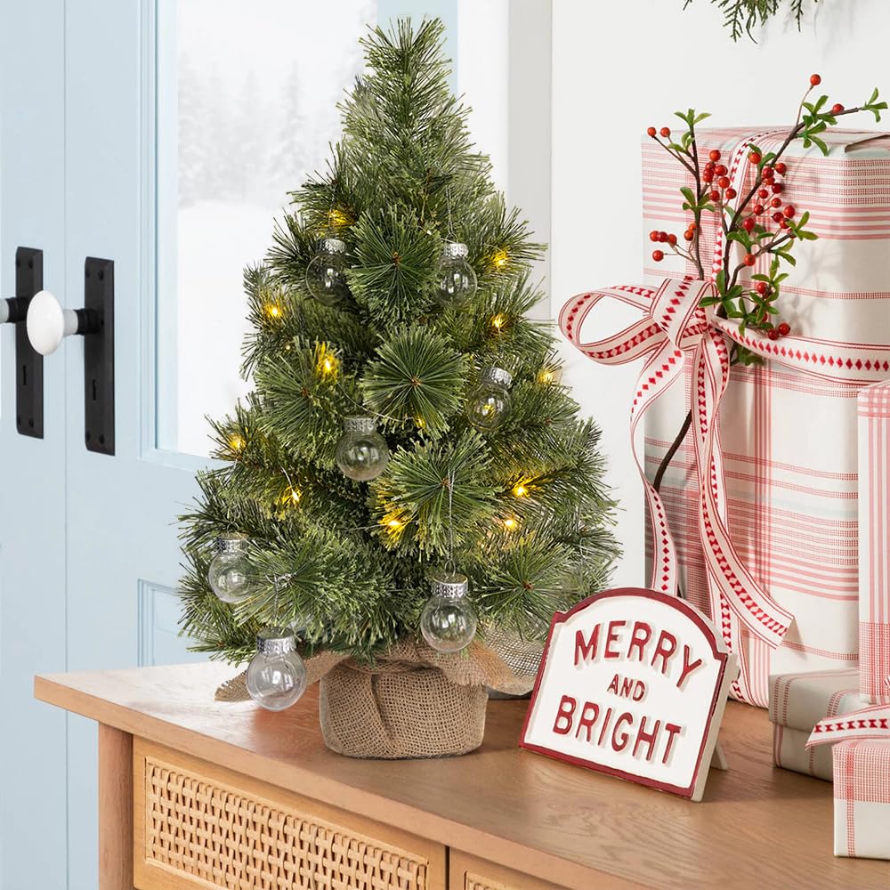 Mini Künstlicher Weihnachtsbaum Mit Beleuchtung 60cm, Weihnachtsdeko Tisch Büro, Tisch Weihnachtsbaum Klein Mit Weihnachtskugel Lichterkette, Christmas Tree With LED, Tannenbaum Für Schaufenster, Haus