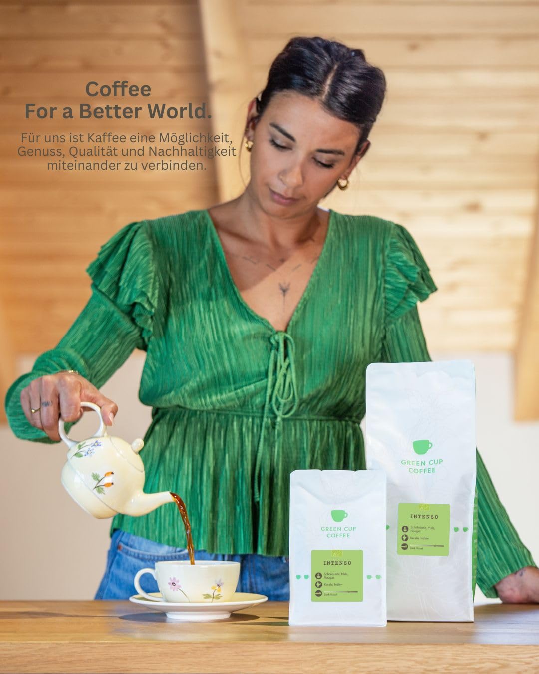 Green Cup Coffee Intenso | Robusta Kaffeebohnen Ganze Bohnen 1 kg | 100% Robusta Single Origin Indien Bio | Dunkle Röstung Schokolade Malz Nougat | Espresso Siebträger Vollautomat
