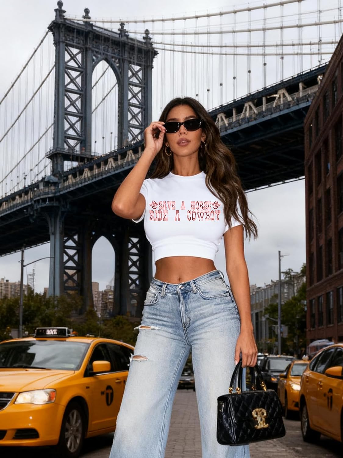 Cropped Cowgirl Outfits for Women Sparkly Western Country Concert Graphic Tee Rodeo Crop Top - Image 3