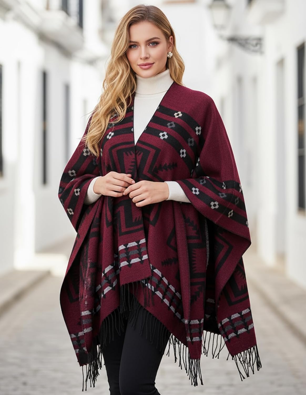 Women's Shawl Wraps Open Front Poncho Cape Oversized Sweaters Casual Cardigan Shawls for Fall Winter - Image 2