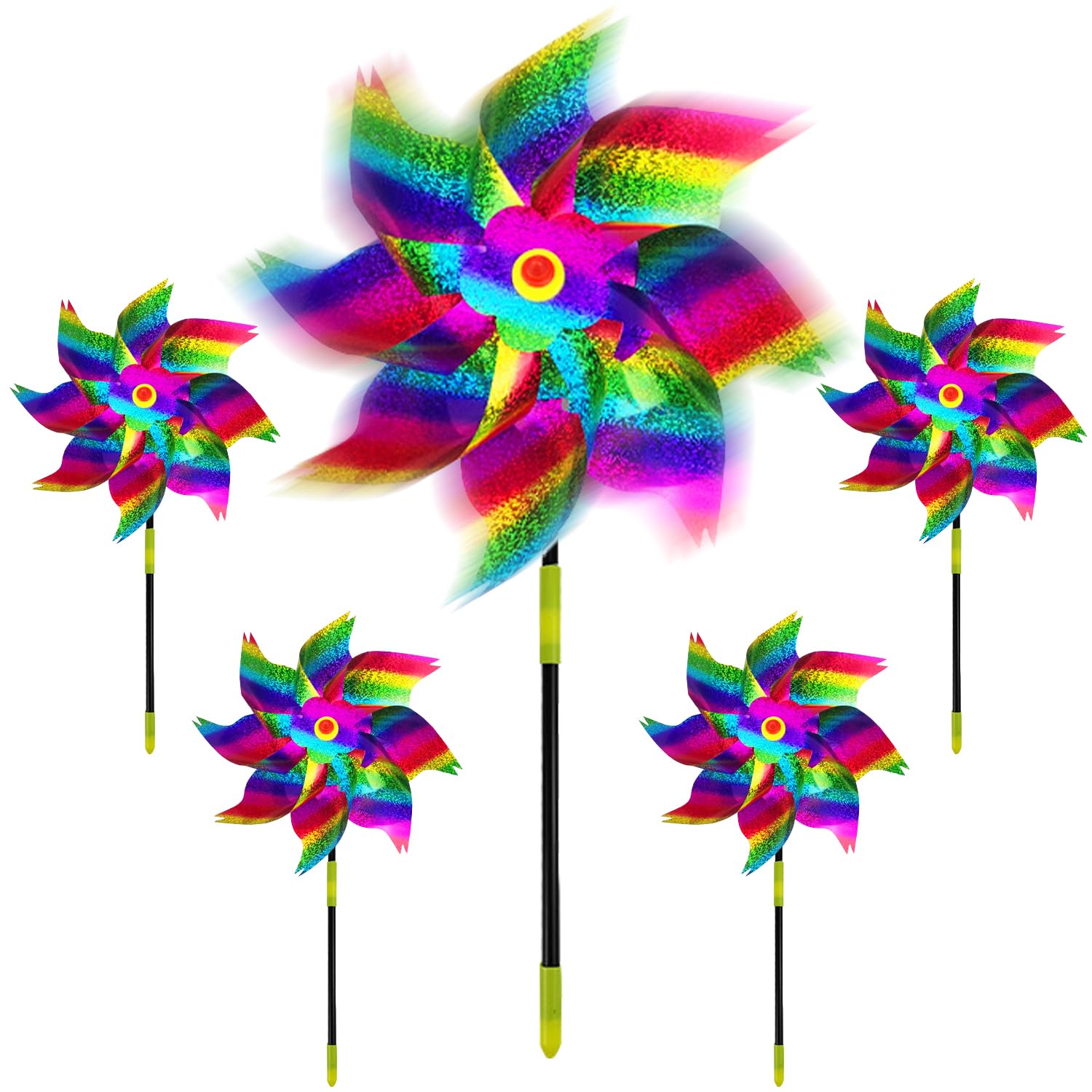 Reflective Bird Repellent Windmill, Pack of 5 Multicolors Stripe Bird Scarer Windmills, Deterrent Rainbow Wind Spinners Pinwheel for Protection of Crops, Fruits, Flowers to Keep Birds Away from Garden