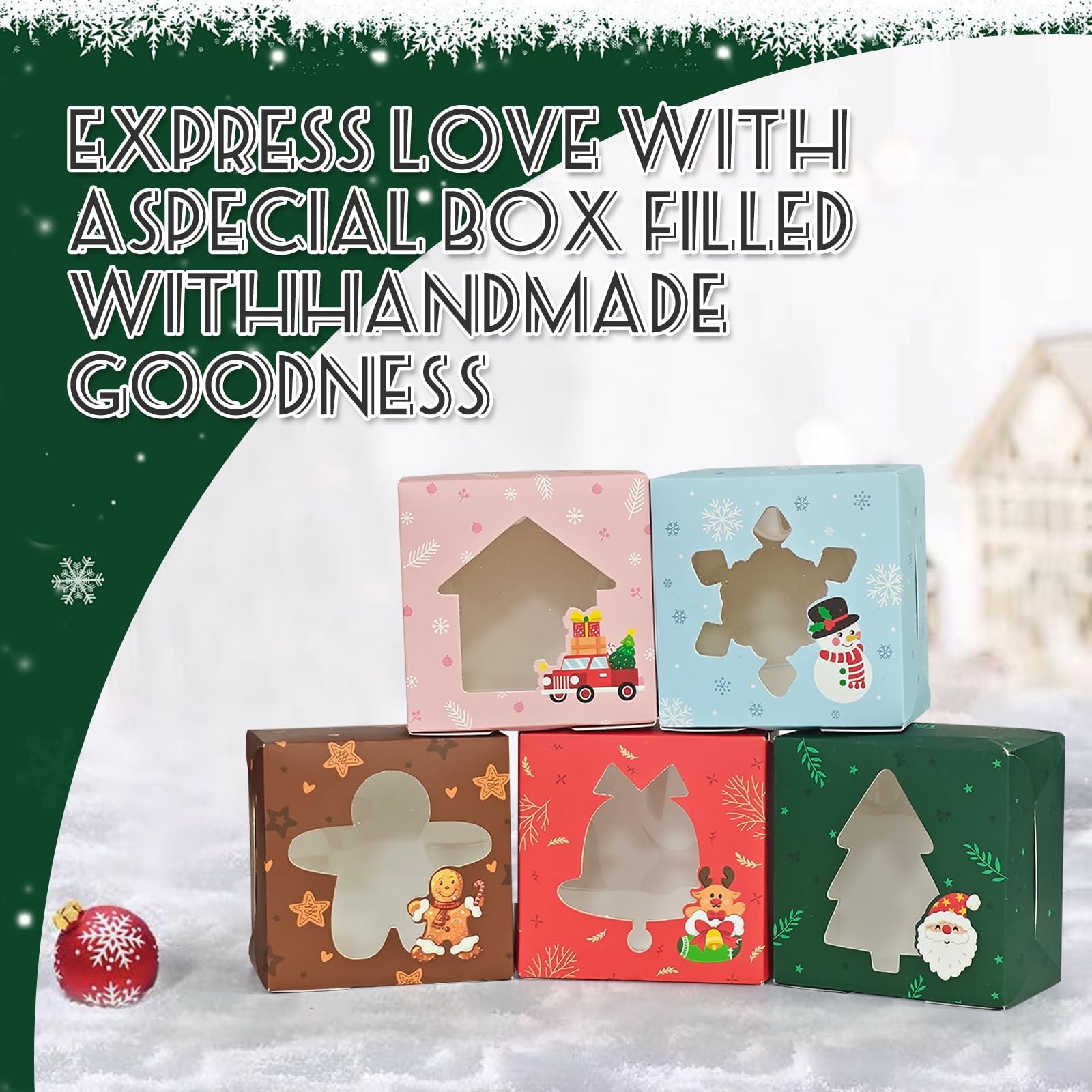 Gute 25 Stück Weihnachts Kekskästen Boxen,Weihnachten Geschenkbox,Keksschachtel Weihnachten Karton mit fenster,Cupcake Boxen,Weihnachten Verpackung für Bäckerei Gebäck,10x10x6cm,5 Stile