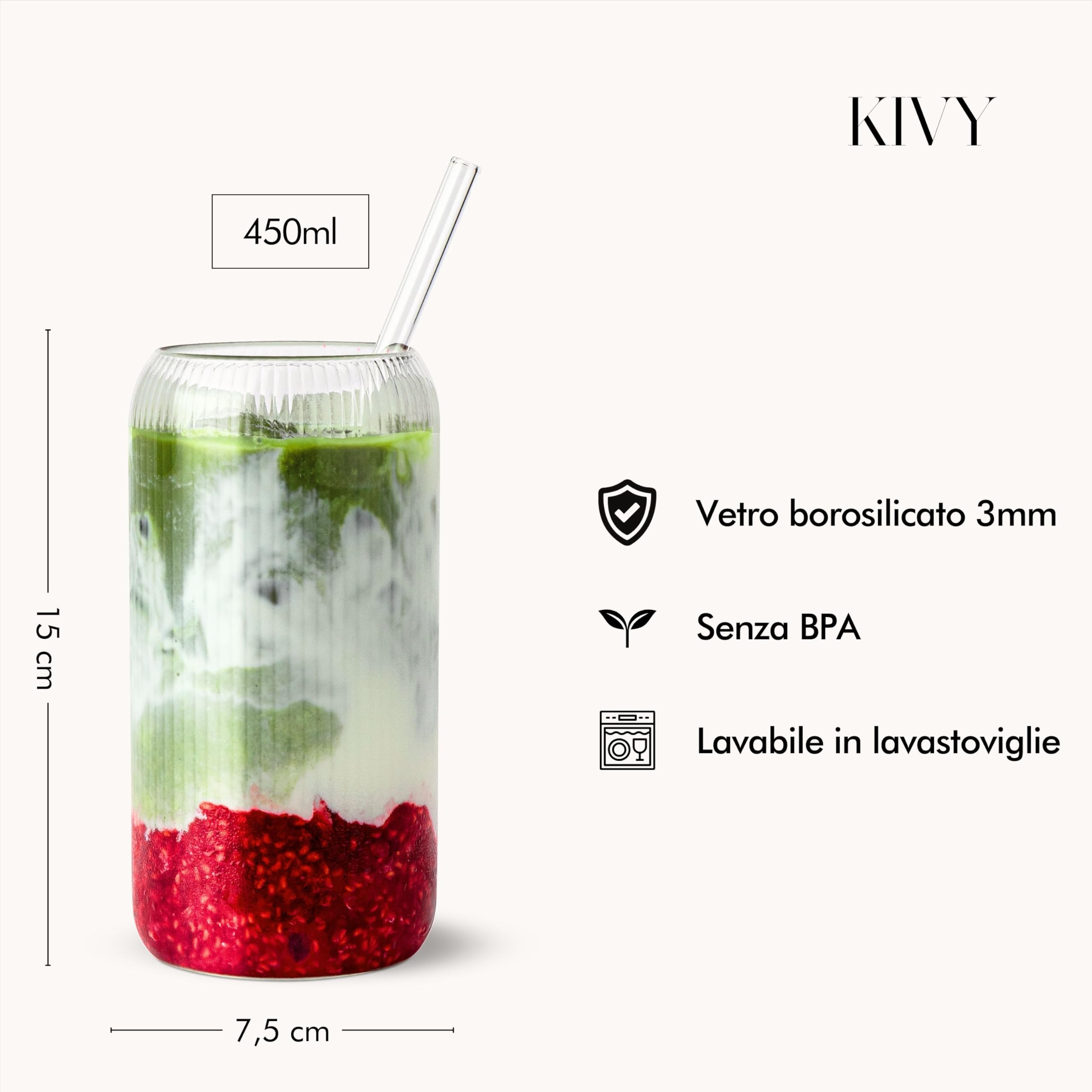 KIVY Bicchiere con Cannuccia Rigato [4x 450ml] Acqua, Caffè freddo e Matcha - Set Bicchieri Acqua Vetro - Bicchiere Vetro con Cannuccia - Bicchieri Ghiacciato - Senza BPA -Lavabile in Lavastoviglie