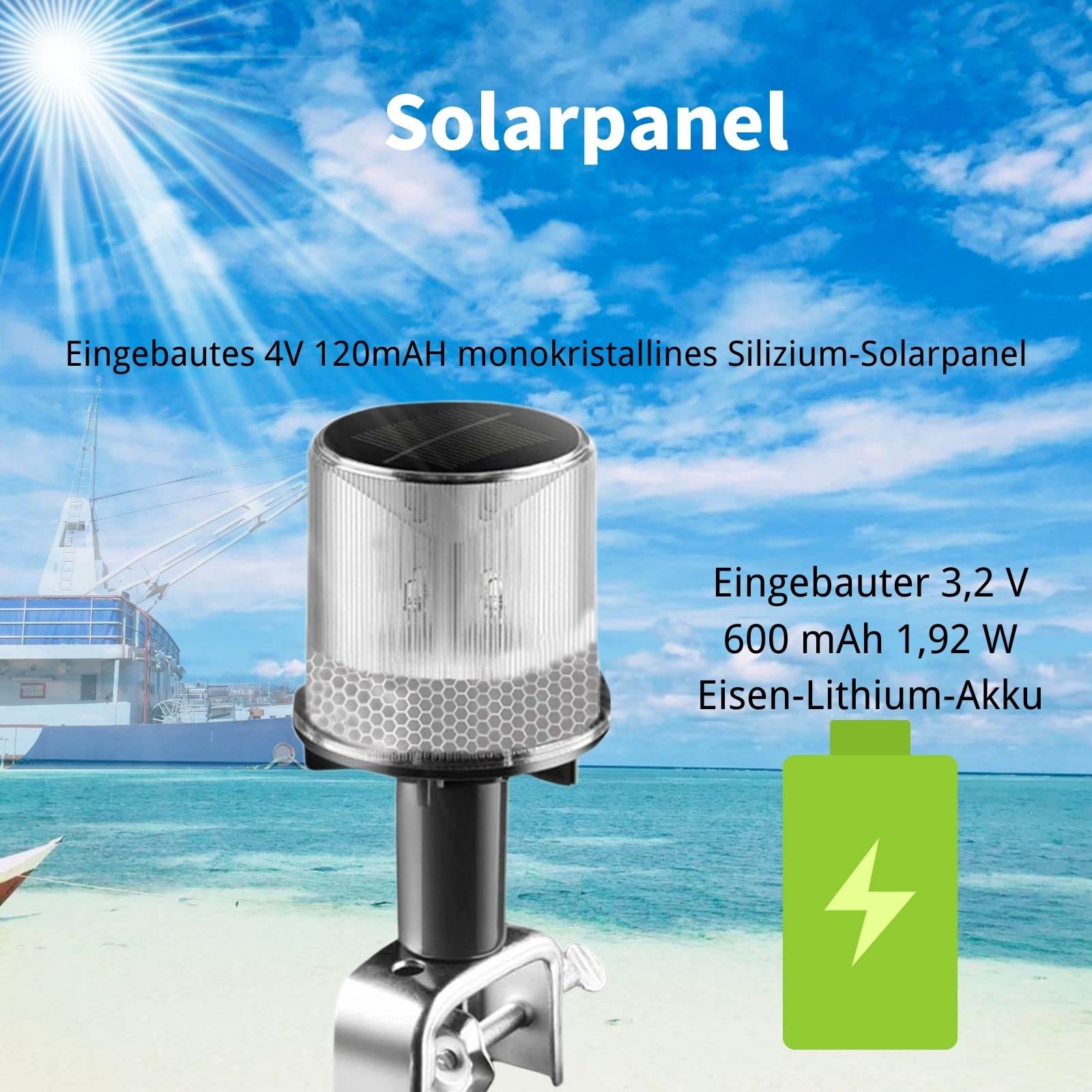 Cloud Fire luci di navigazione a led, luce 360 barca led solare 0,5 nm, luce di ancoraggio a LED con supporto, IP67, impermeabile per pescatori, barche, yacht, navi da carico