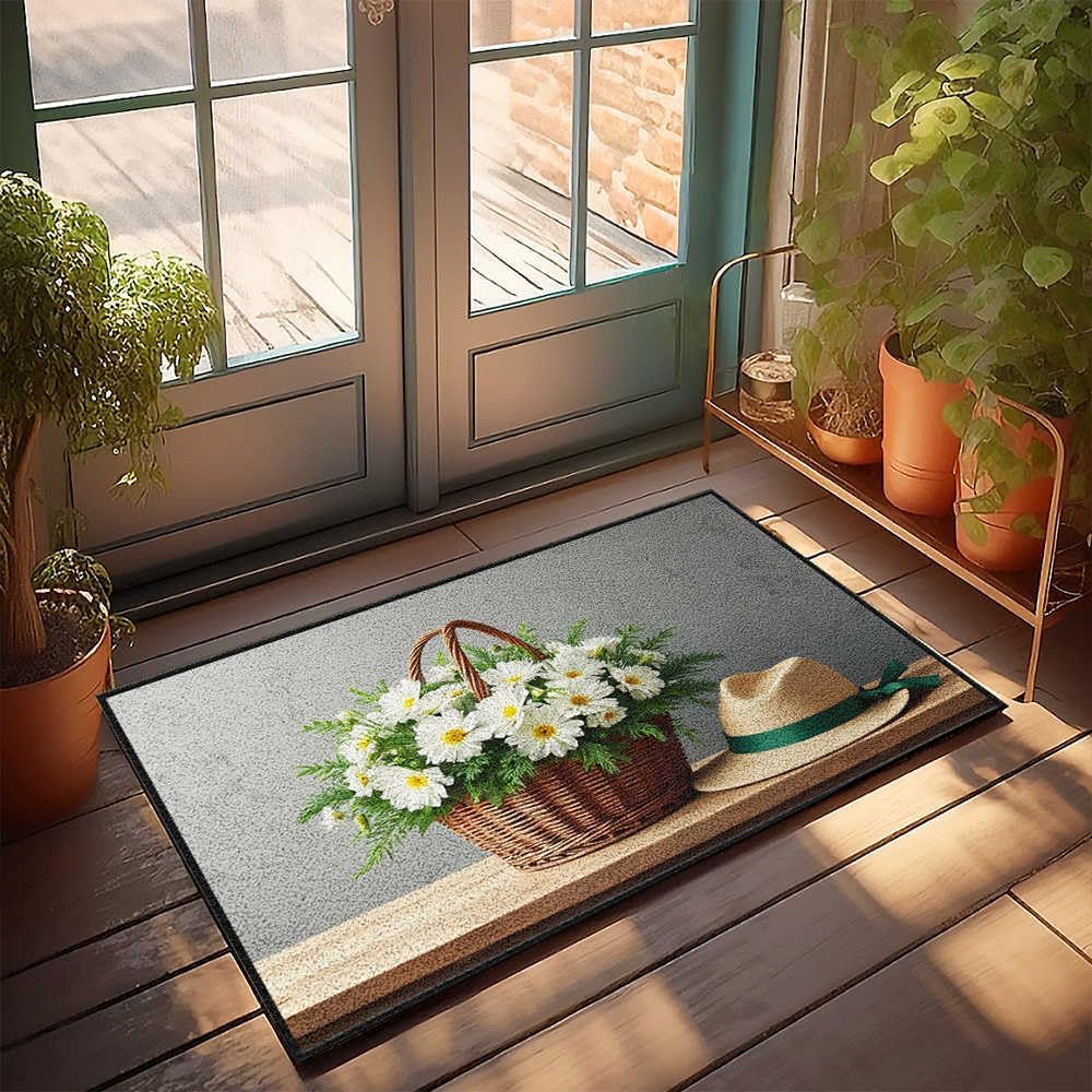 BDIS Weather Mats for House Springtime Serenity with Daisies and Hat Doormat Summer Rug Funny Room Decor(65X90CM)