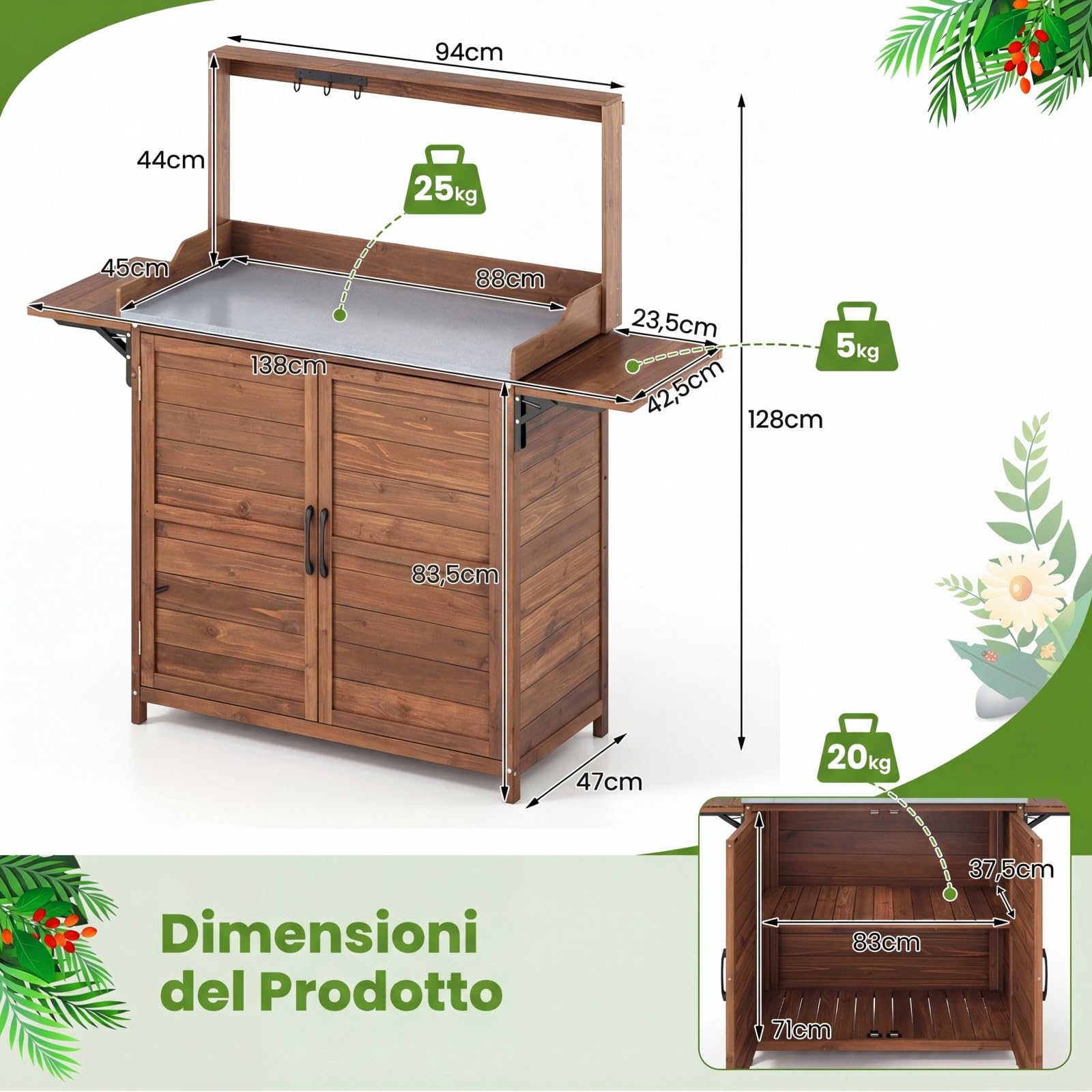 COSTWAY Tavolo da Giardino con Piano Zincato Impermeabile, Mensole Pieghevoli, Ripiano Regolabile, Ganci e Armadietto, Banco per Giardinaggio in Legno da Esterno, 138 x 47 x 128 cm