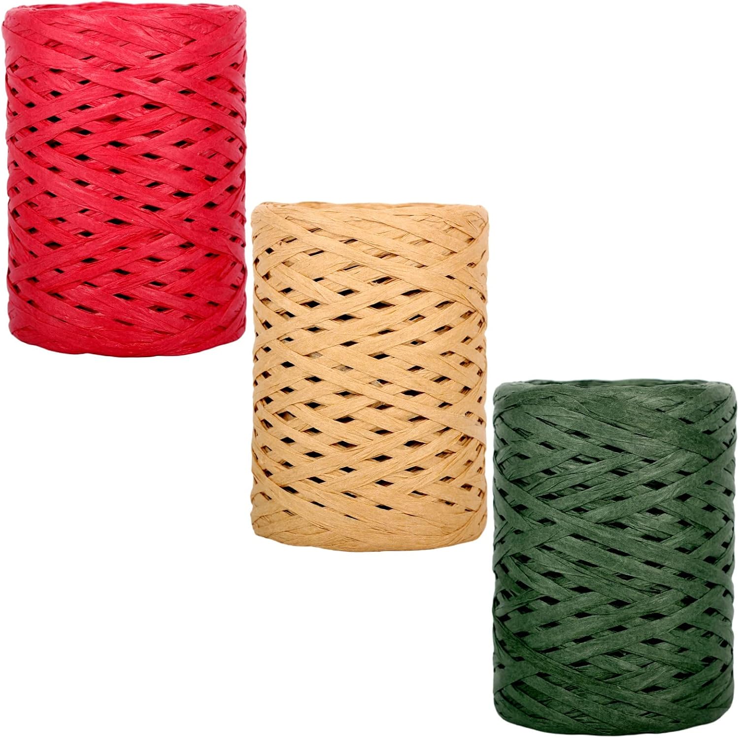 3 Rolls 100M Christmas Raffia Paper Ribbon,Natural Green Red Paper