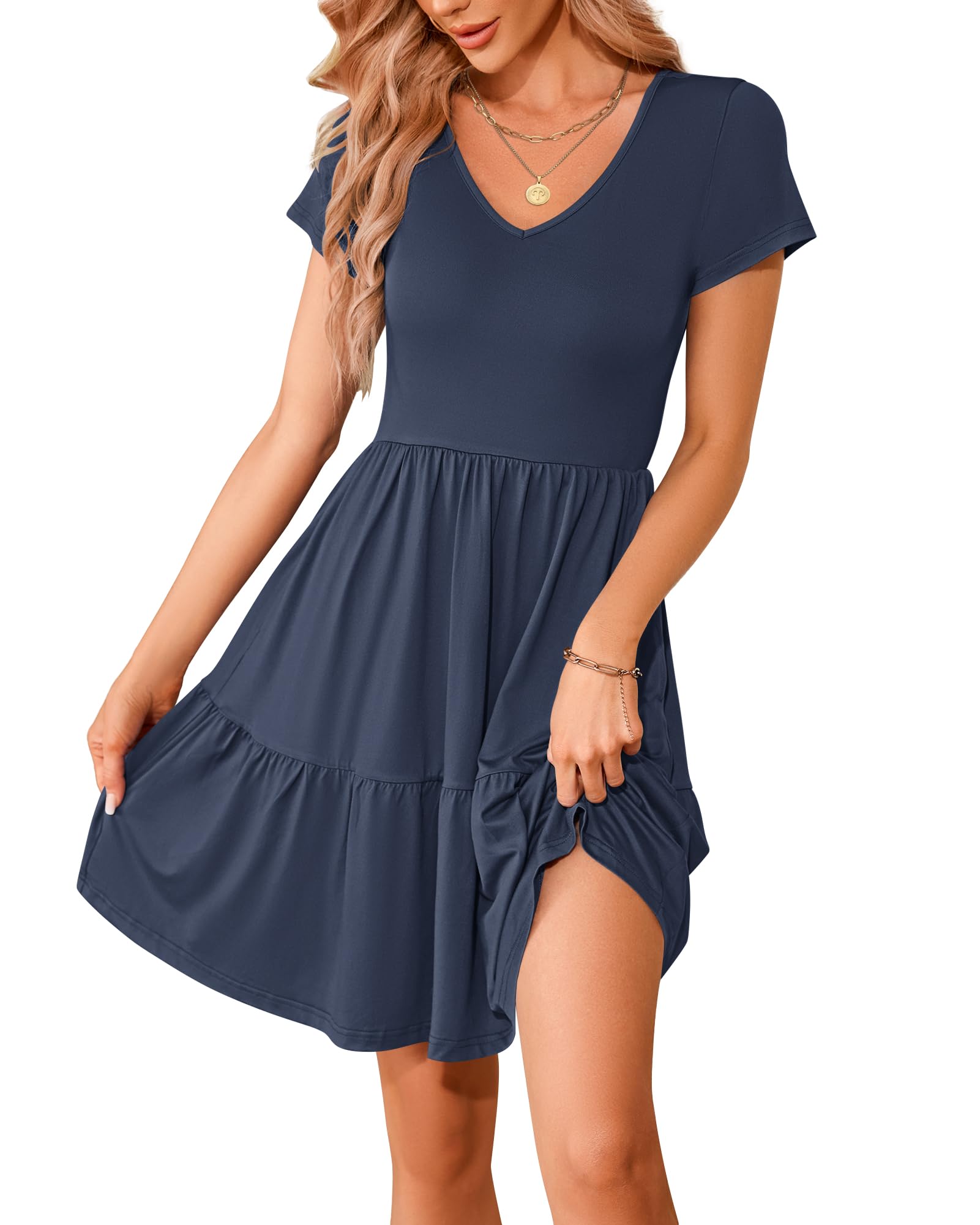 WNEEDU Abito Estivo da Donna con Scollo a V da Spiaggia, Festa Elegante, Casual a Maniche Corte A-Line con Tasche