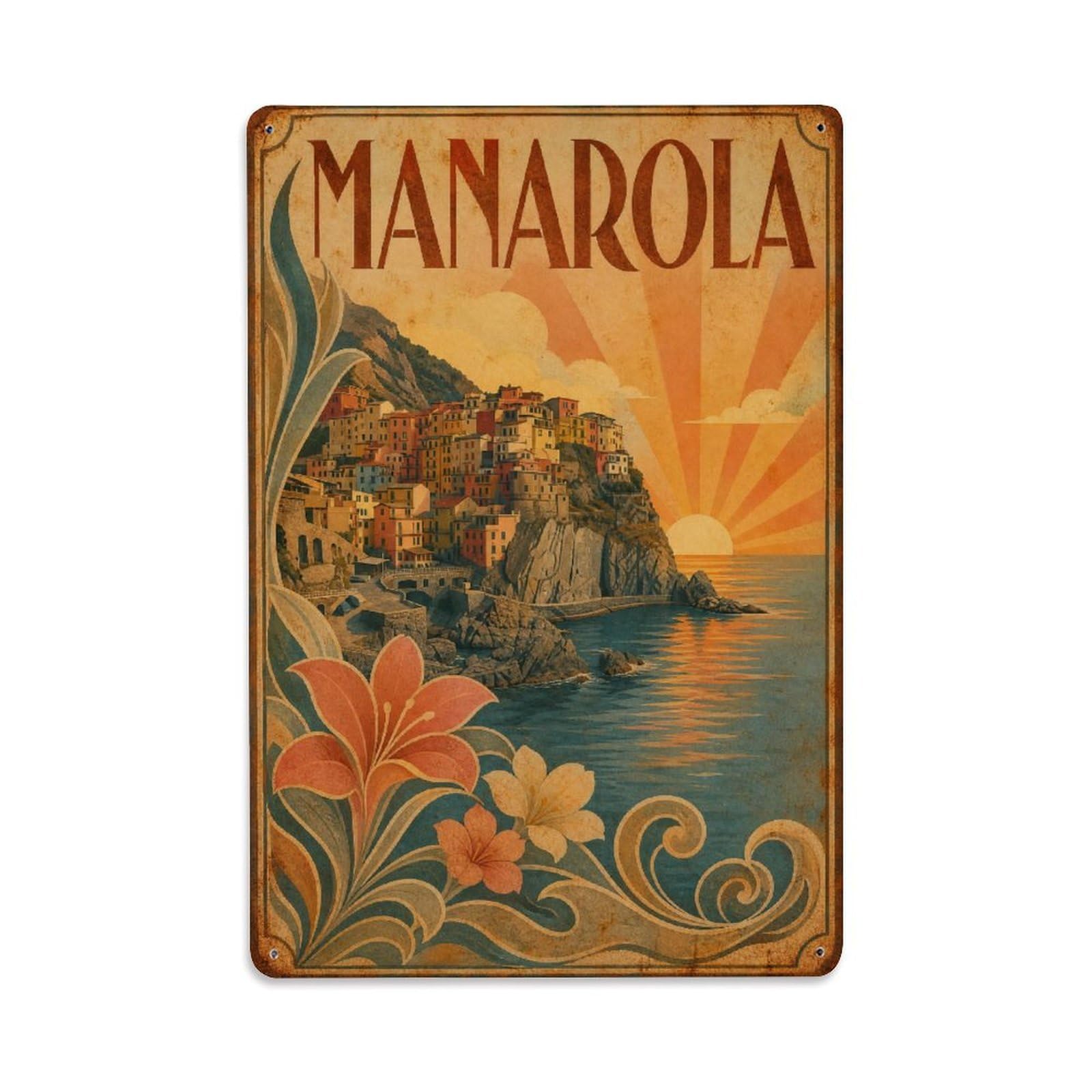 Huiyhb 8X12inch(20X30cm) Vintage Travel Manarola Coastal Sunrise Dawn Colors Italy Metal Tin Sign