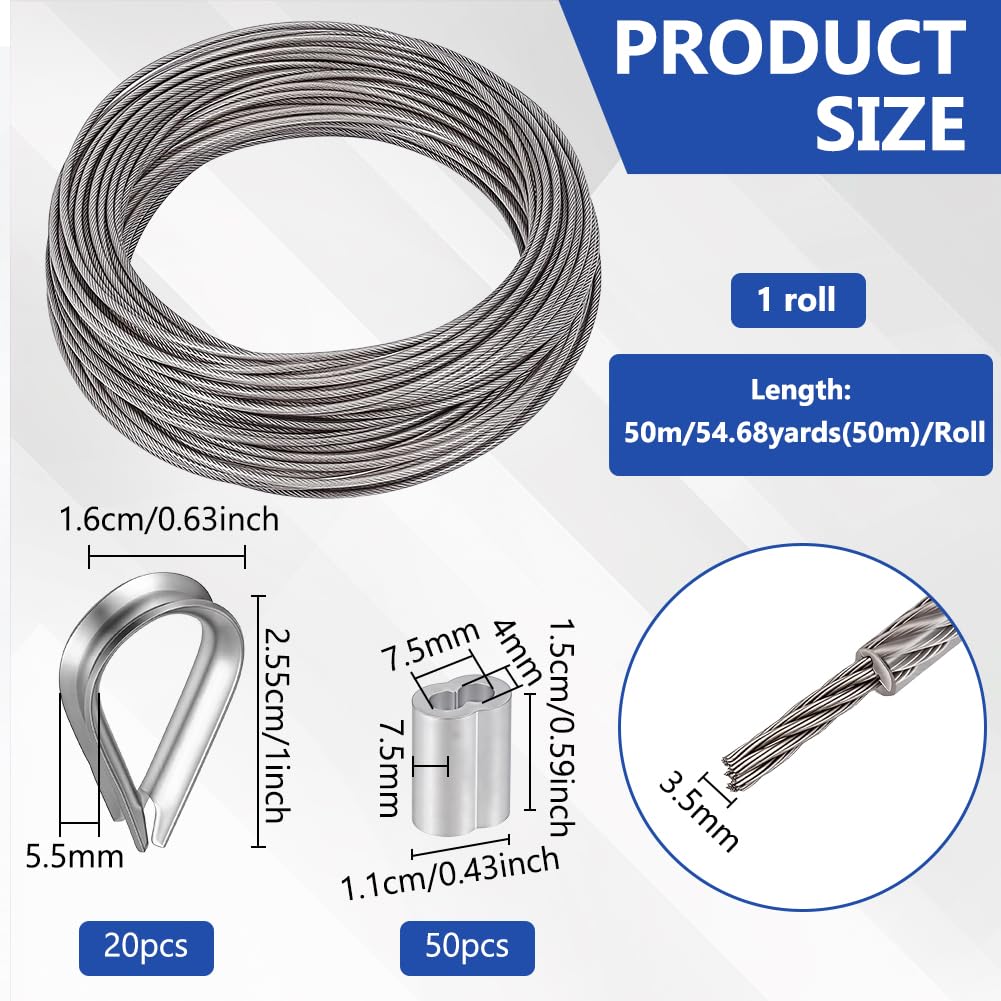 BENECREAT Cuerda de acero inoxidable 304 de 50 m, 3,5 mm recubierto de plástico, 7 x 7 hilos con 20 guardacabos y 50 casquillos de aluminio para colgar cadenas de luz, suspensión de imágenes y
