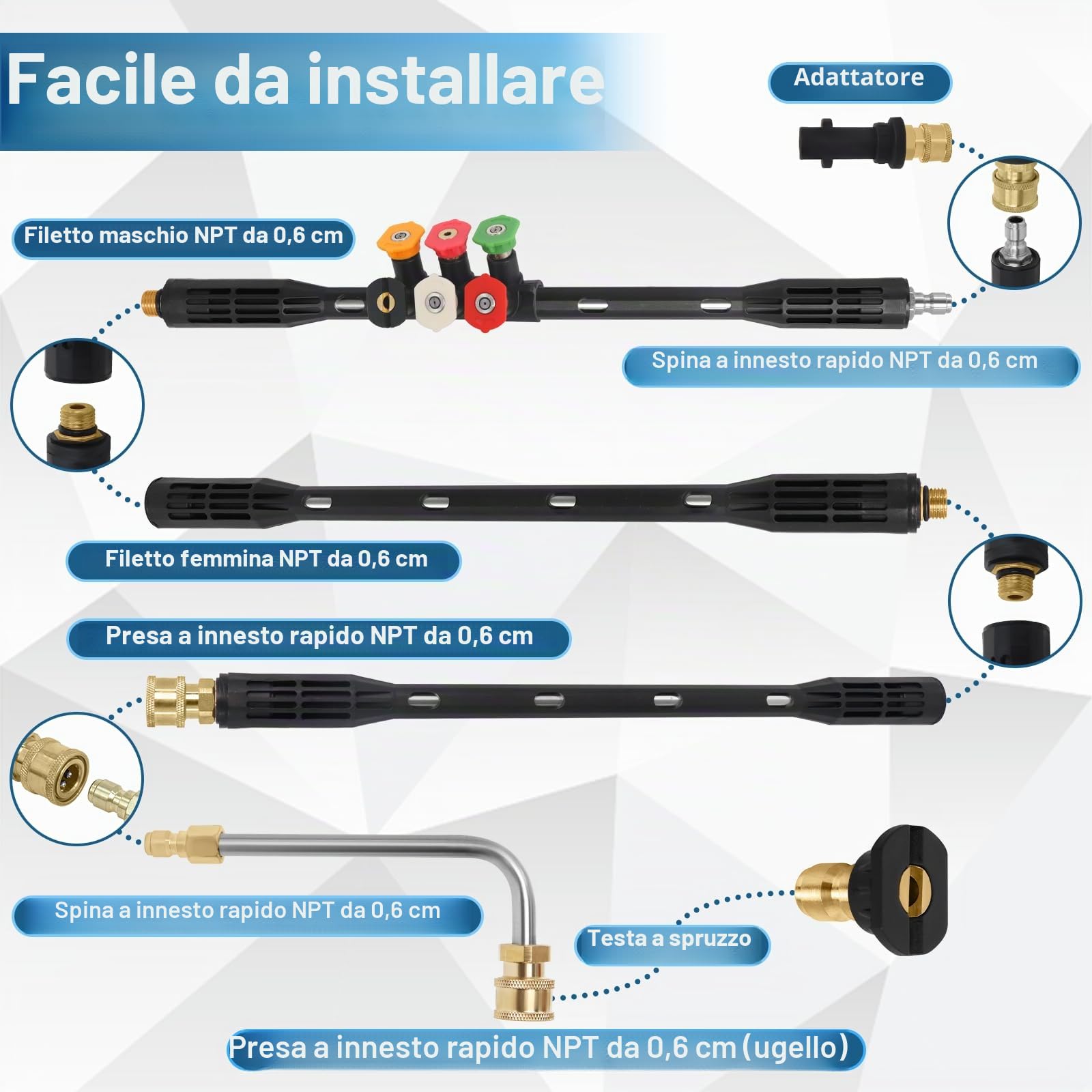 Prolunga per idropulitrice Karcher compatibile con serie K2-7, 10 pezzi per grondaie, accessori 6 punte Gekufa