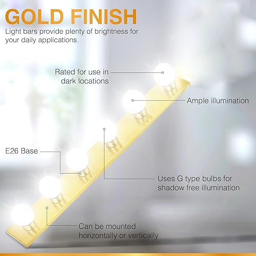 Vista 14 de DYSMIO Lighting - Tira de tres luces para tocador de estilo Hollywood con placas doradas, accesorios de calidad de salón para dormitorio, baño, Oro