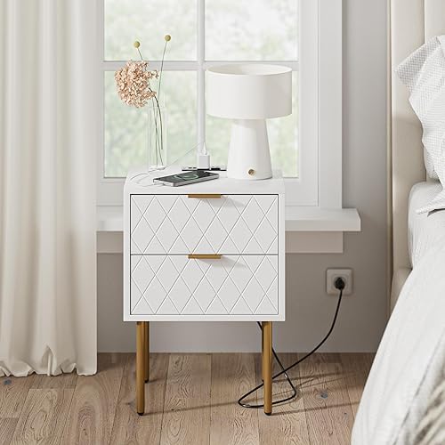 Mesita de noche, mesita de noche pequeña con cajón, mesita de noche blanca, muebles de noche, mesa auxiliar con marco dorado, cómoda con cajón para