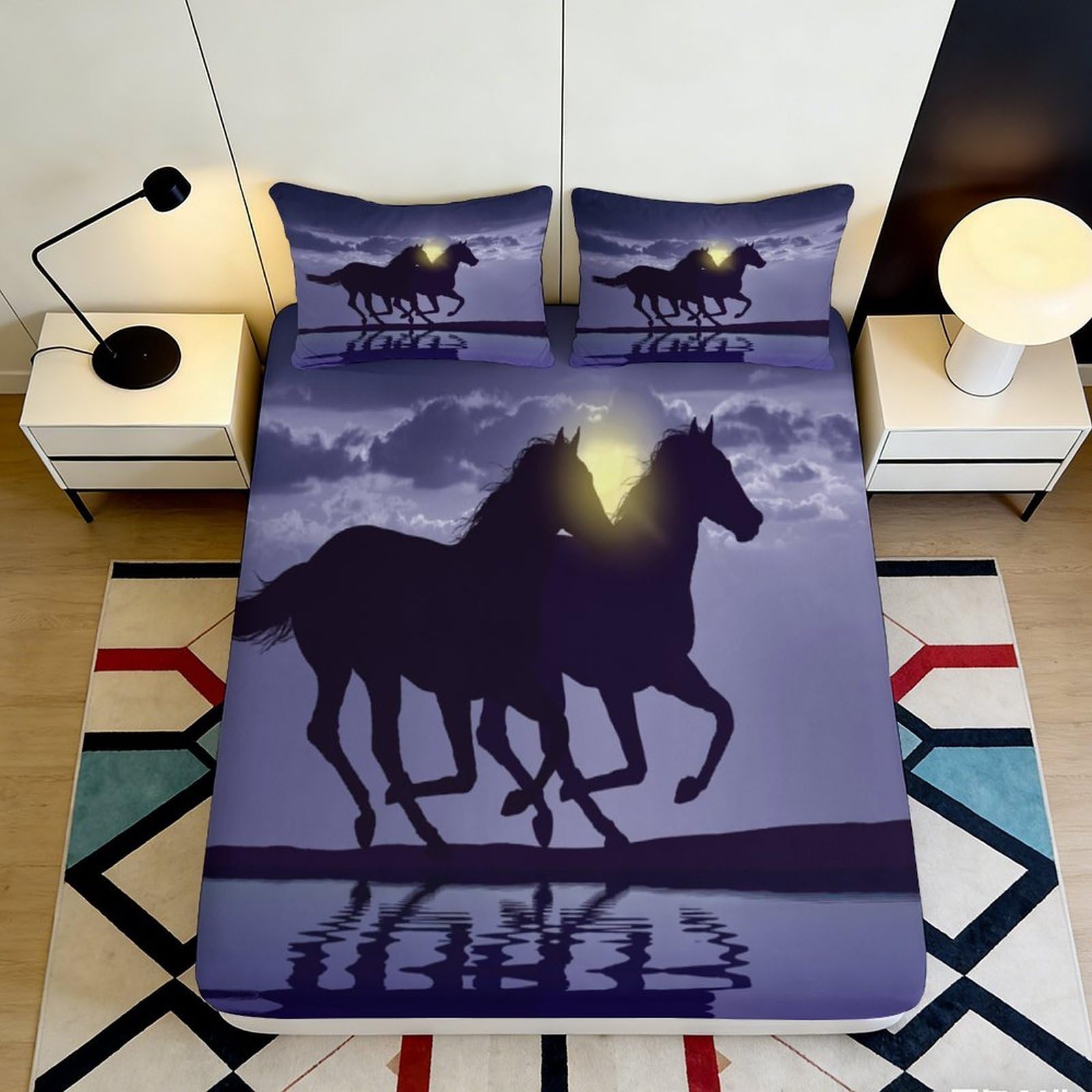 3D Printed Night Horse Fitted Sheet Microfiber Soft Purple Moonlight Stallion Mattress Cover for Bedroom Dorm Decor 90x200x25cm