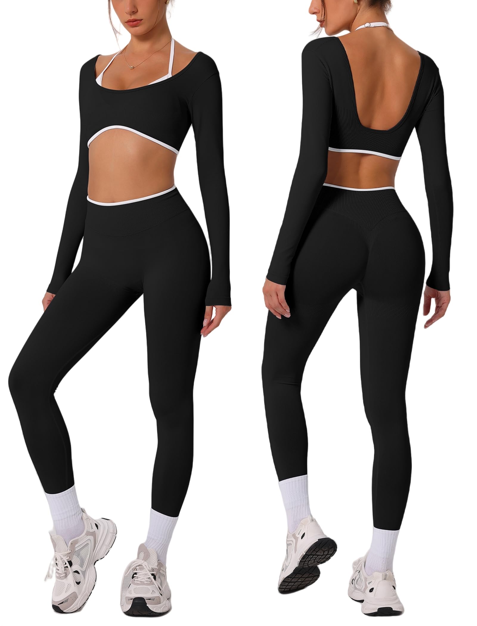 Photo 1 of ABOCIW Workout Sets for Women Seamless Color Block Backless Long Sleeve Crop Top Scrunch Butt Lifting High Waist Leggings 2 Piece Gym Yoga Outfits Black X-Small