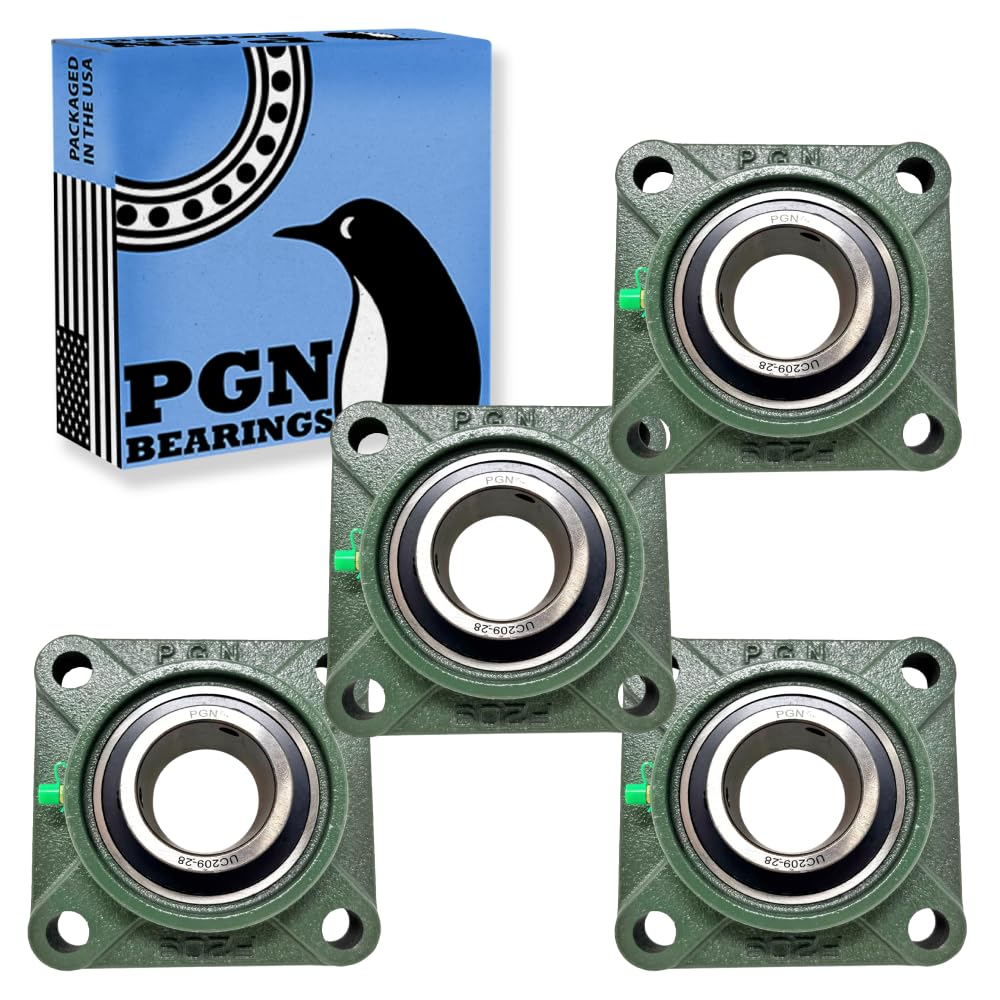 PGN UCF209-28 Pillow Block Bearing - Pack of 4 Square Flange Mounted Pillow Block Bearings - Chrome Steel Bearings with 1 3/4 Bore, Self Alignment