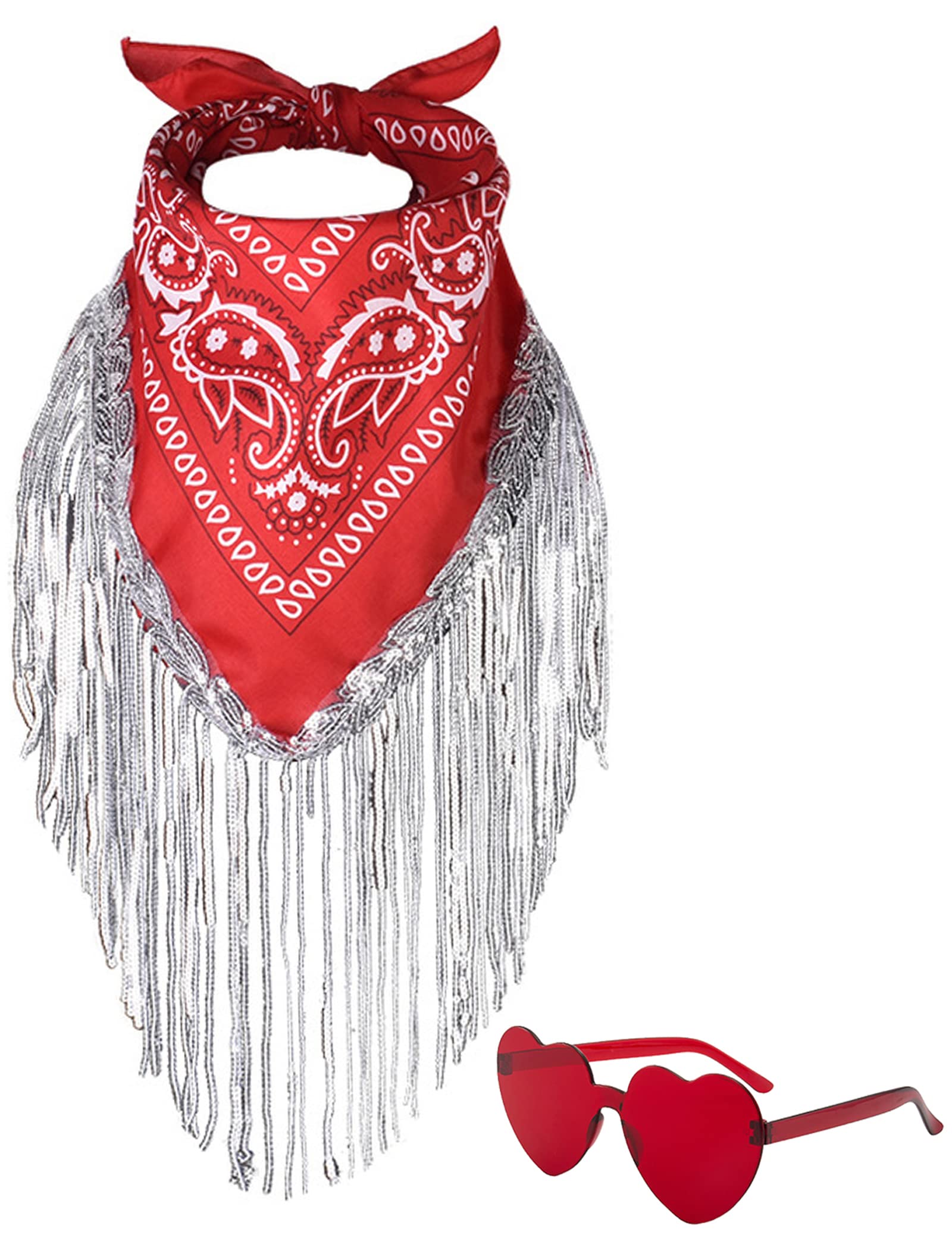 Jianglai Unisex Red Fringe Bandana With Heart Sunglasses, Rhinestone Bandana Disco Cowgirl Decorations Outfit For Women Bachelorette Party (Red)