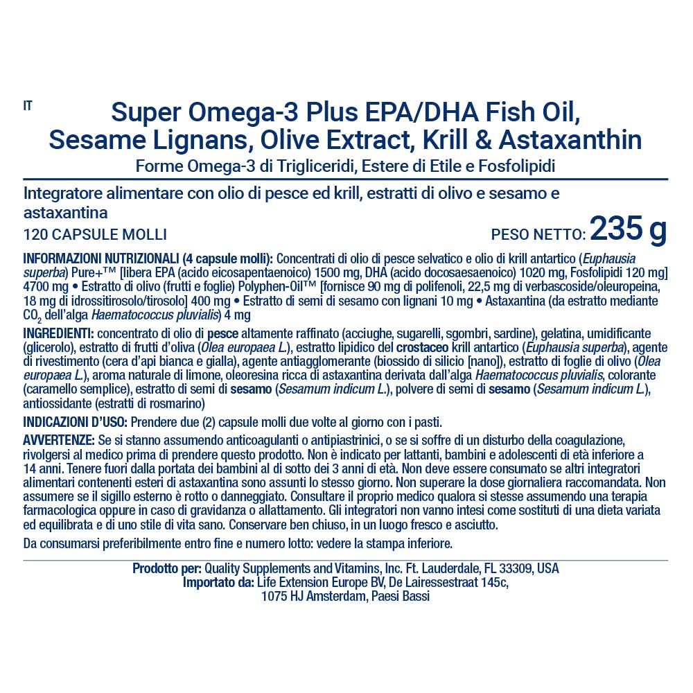 Life Extension - Super Omega-3 Plus EPA/DHA 120 Capsule - Lignani di Sesamo, Estratto di Oliva, Krill e Astaxantina - Omega-3 ad Alto Dosaggio per la Salute di Cuore e Cervello
