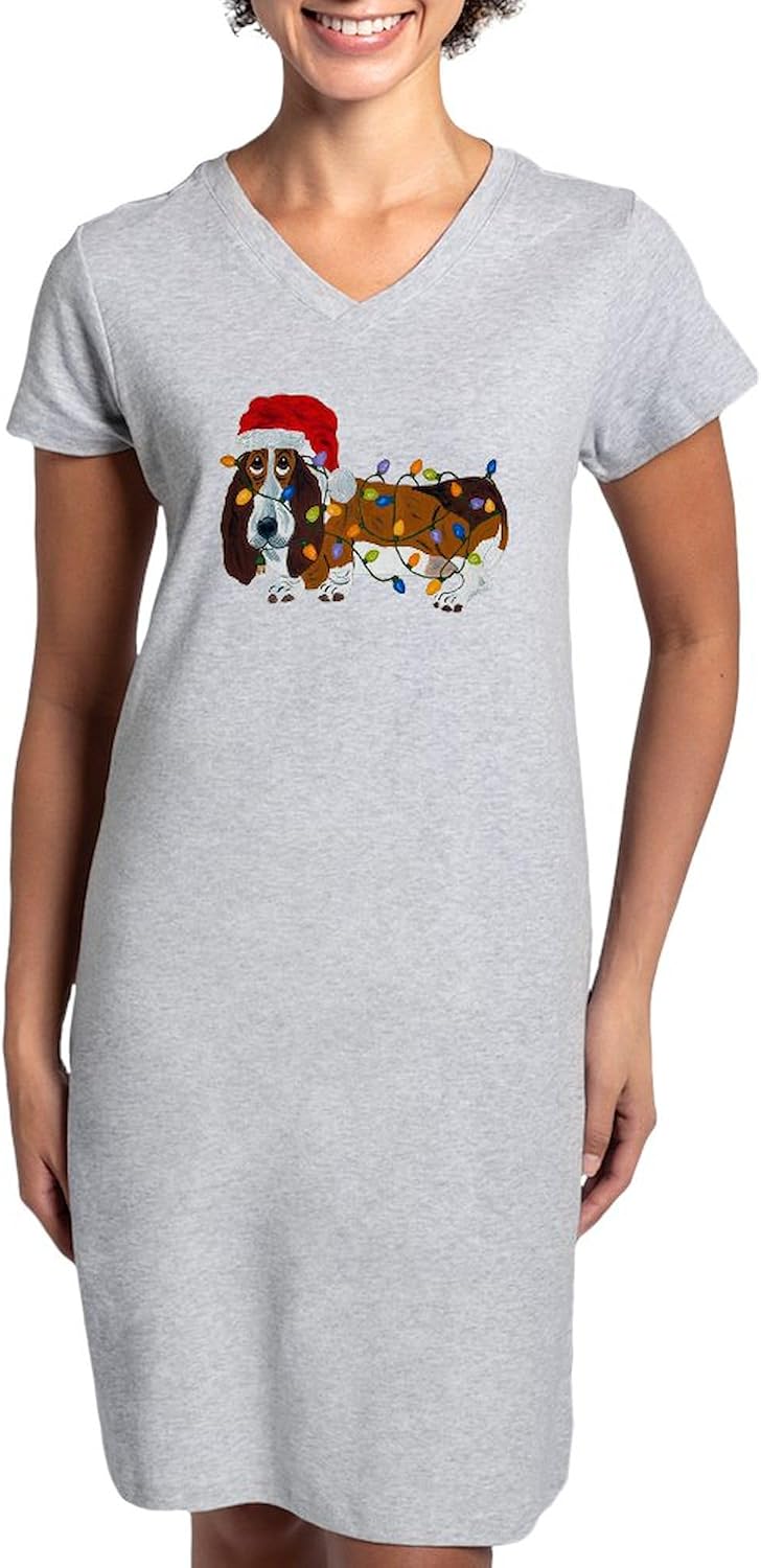 CafePress Basset Tangled In Christmas Lights Women's Nightsh Women's Nightshirt, Soft Long Pajama Shirt, Cotton PJs/Pyjamas Heather Gray