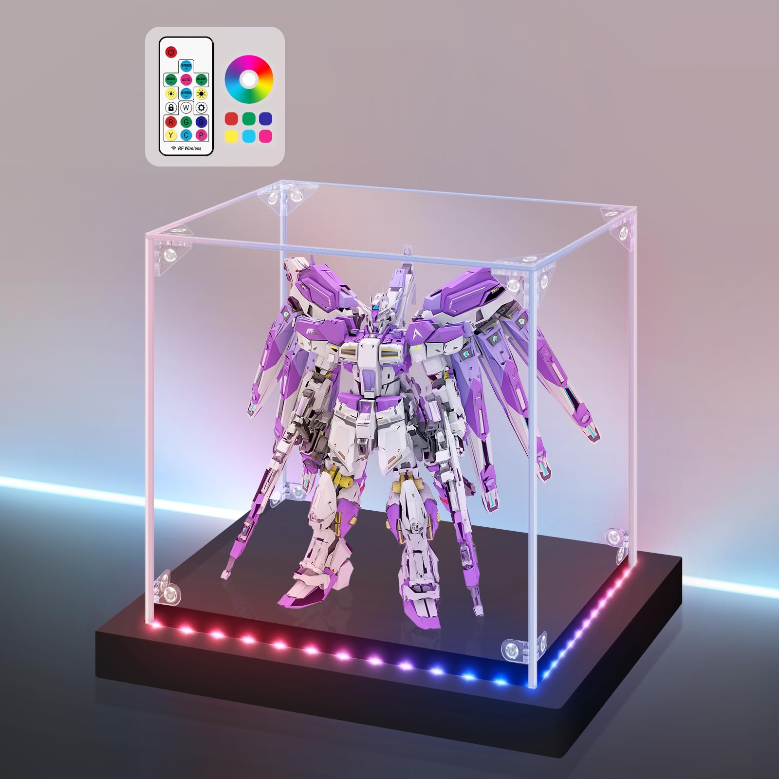 Huijintao Colorful Light Acrylic Display Case With Rgbw Color Changing Led Light, Clear Display Box For Memoribilia Action Figures, Self-Assembly Dustproof Showcase With Black Base, 17.7X17.7x17.7inch