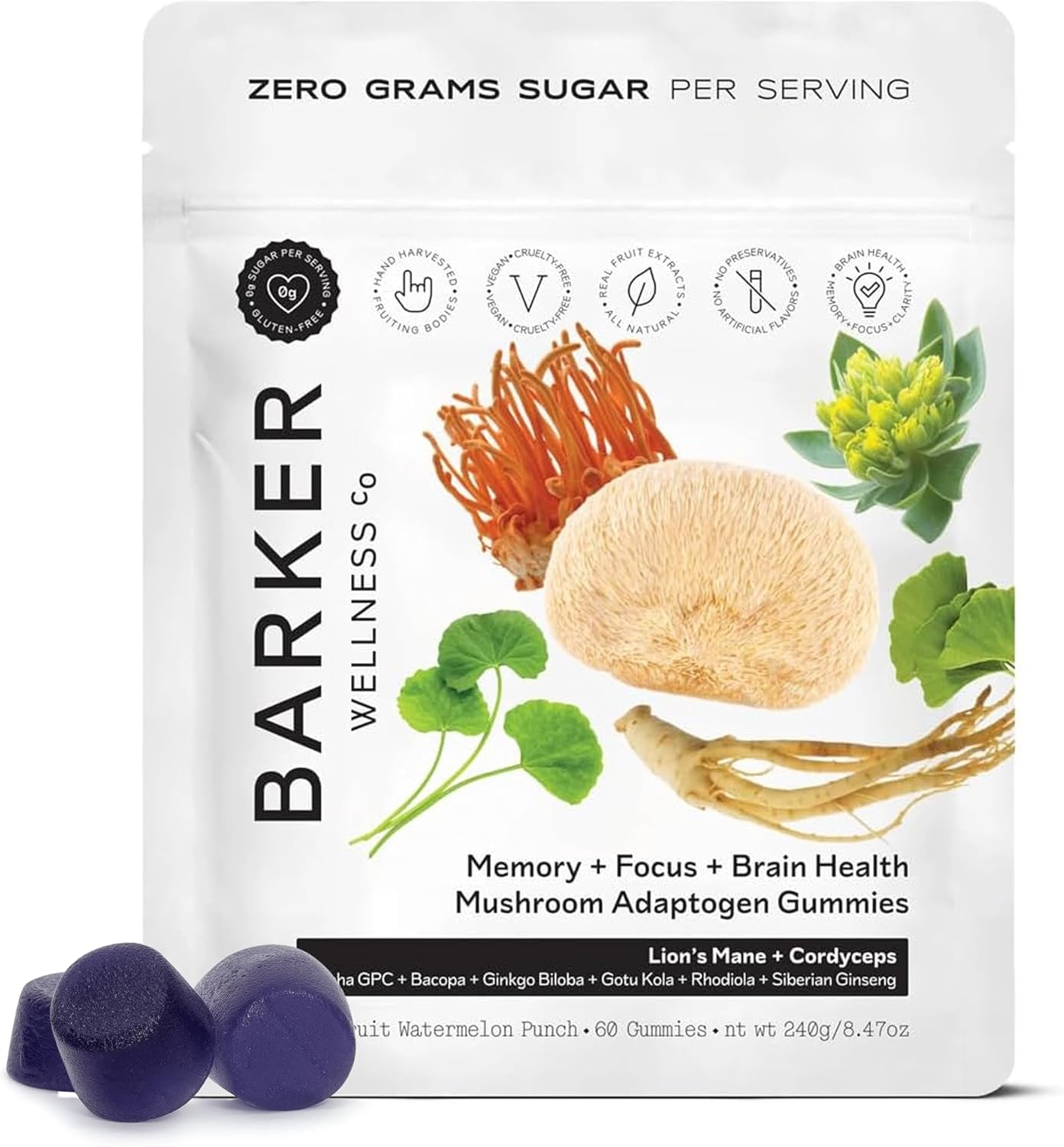 Barker Wellness Mushroom Adaptogen Gummies for Memory & Focus, Brain Health Supplement with Lion's Mane, Cordyceps, Cognizin, Nootropics, Vegan, Sugar-Free Passion Fruit Watermelon Flavor- 60 Count