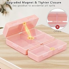 FYY Daily Pill Organizer,2 Pcs 7 Compartments Portable Pill Case Travel Pill Organizer,[Folding Design] Pill Box for Purse Pocket to Hold Vitamins,Cod Liver Oil,Supplements and Medication-Pink