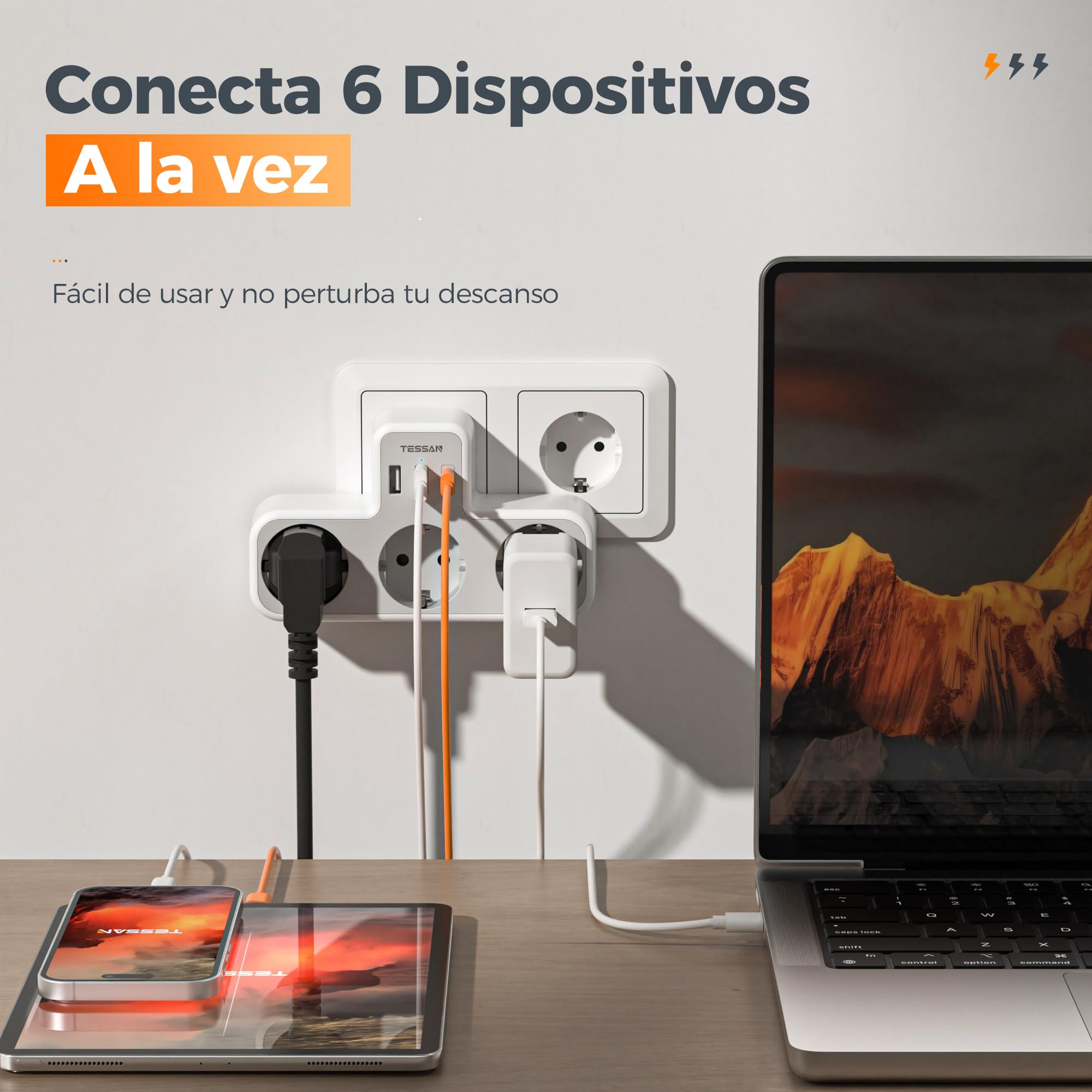 TESSAN Ladron Enchufes Plano con USB C, 6 en 1 Ladrón Enchufes Multiples USB, Triple Cargador Multiple 3600W, Regleta Pared para Oficina, Cocina, Compatible con Móviles, Blanco y Gris