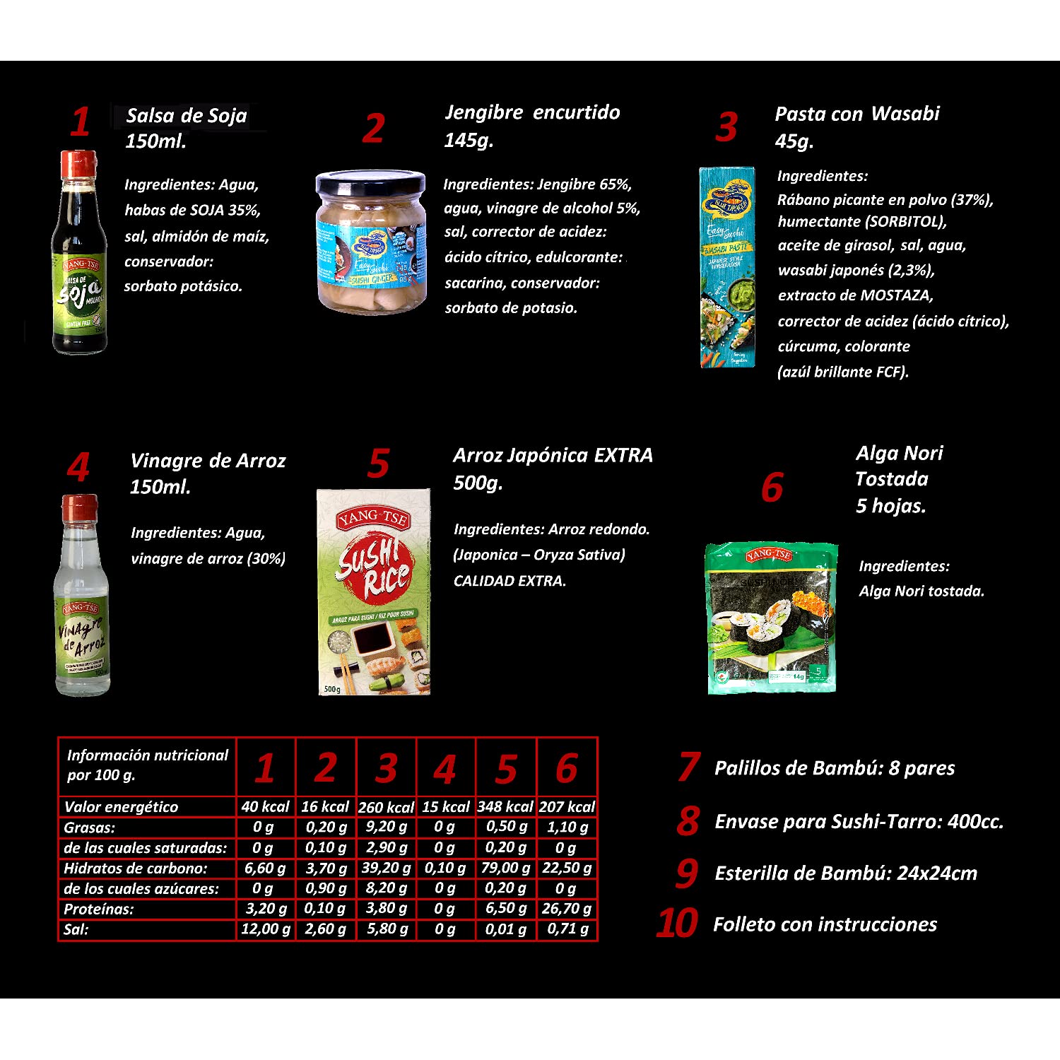 Regalo Original Gourmet para hacer Sushi 1,9 Kg 10 Ingredientes y Utensilios