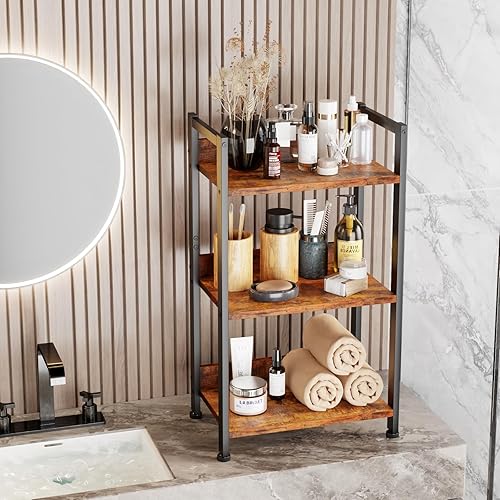 Miniatura 6 de Furologee Estantería de 3 niveles con cajón, estantería pequeña con estantes, organizador de almacenamiento de estantería corta de madera y metal,