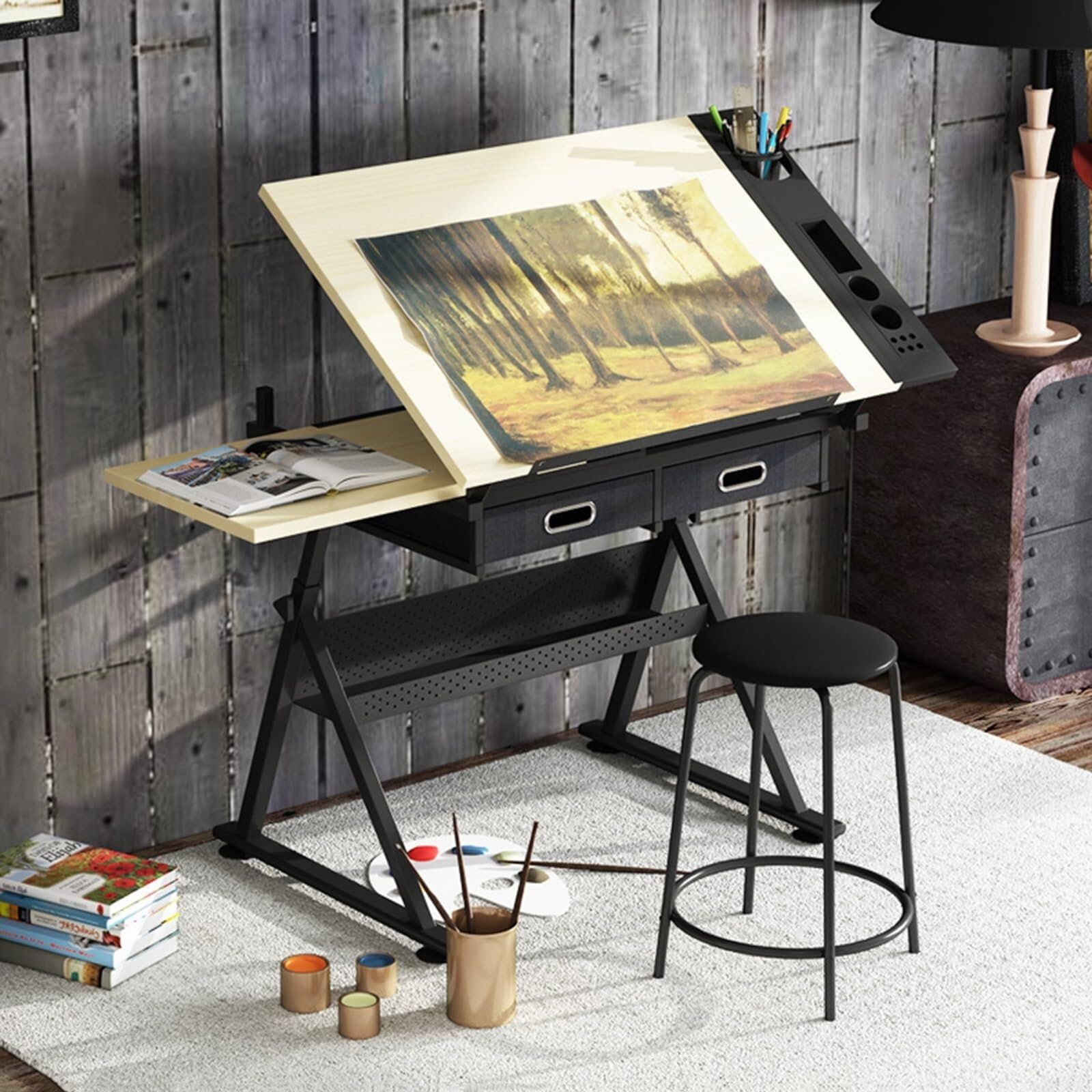 Set di Postazioni di Lavoro Art Craft Desk con Altezza E Angolazione Regolabili, Sgabello E Ampio Spazio di Archiviazione per Artisti, Architetti E Hobbisti.