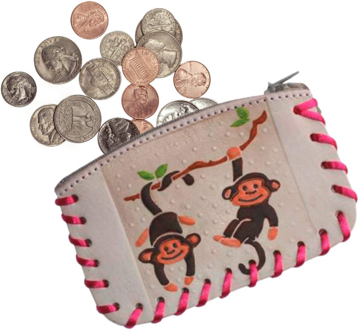 Needzo Hanging Around Monkey Kids Coin Bag, Assorted Mexican Leather Girls Change Purse with Zipper Closure, 4.5" x 3"