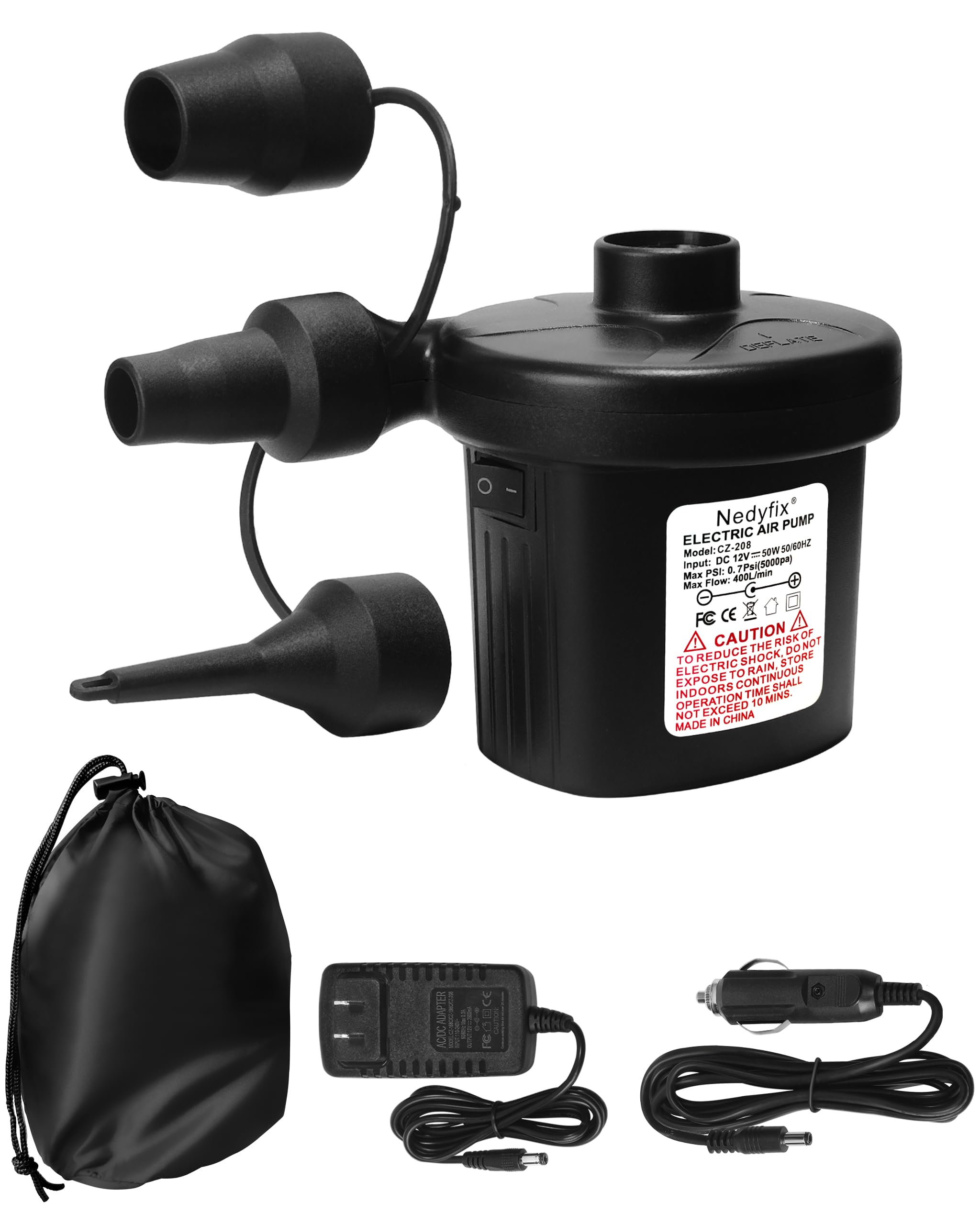 Bomba de aire eléctrica inflable, 110 V CA/12 V CC, bomba de inflado rápido portátil con 3 boquillas, utilizada para barcos inflables, etc