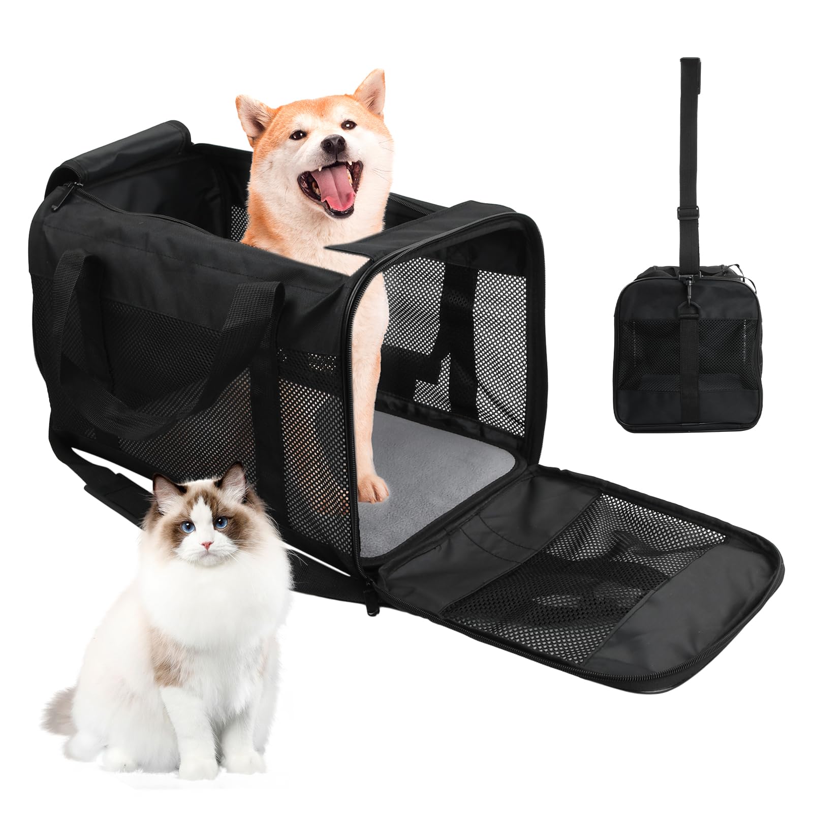 Amexo Transportín Perro Gato, Bolsa Transporte Transpirable para Mascotas con Colchón Suave Transportin Gato Transportin Perro Mediano para Gatos y Perros de hasta 10 kg, 44 x 27 x 28 cm (Negro)