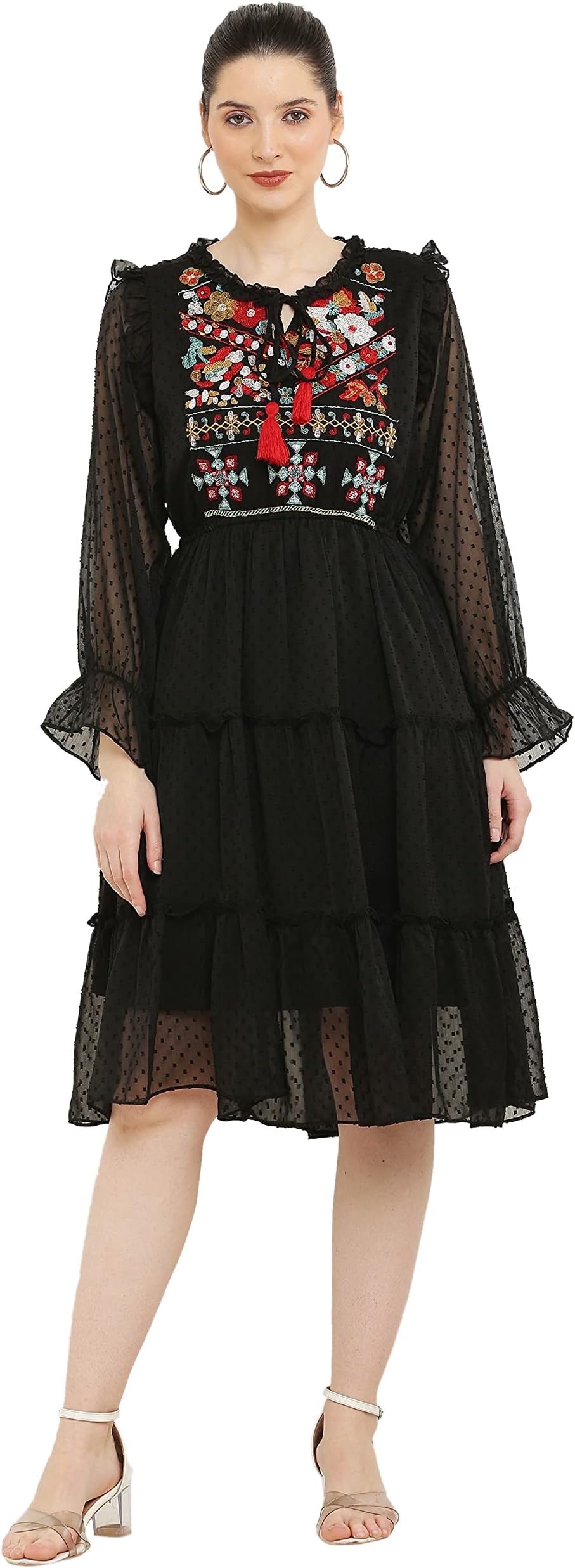 JUGLYGIRLSWomen's Georgette Solid 3/4th Sleeve Dress | IMBODRY_P