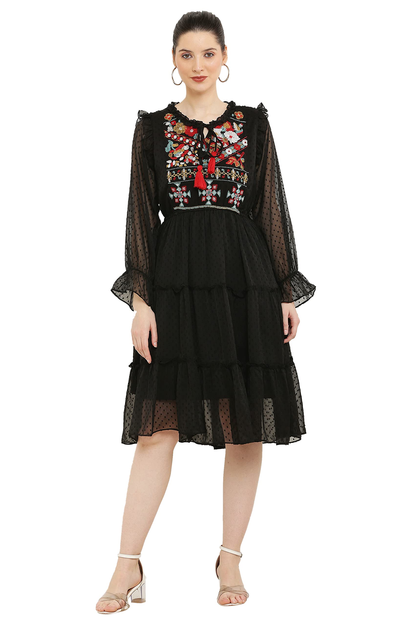 JUGLYGIRLSWomen's Georgette Solid 3/4th Sleeve Dress | IMBODRY_P