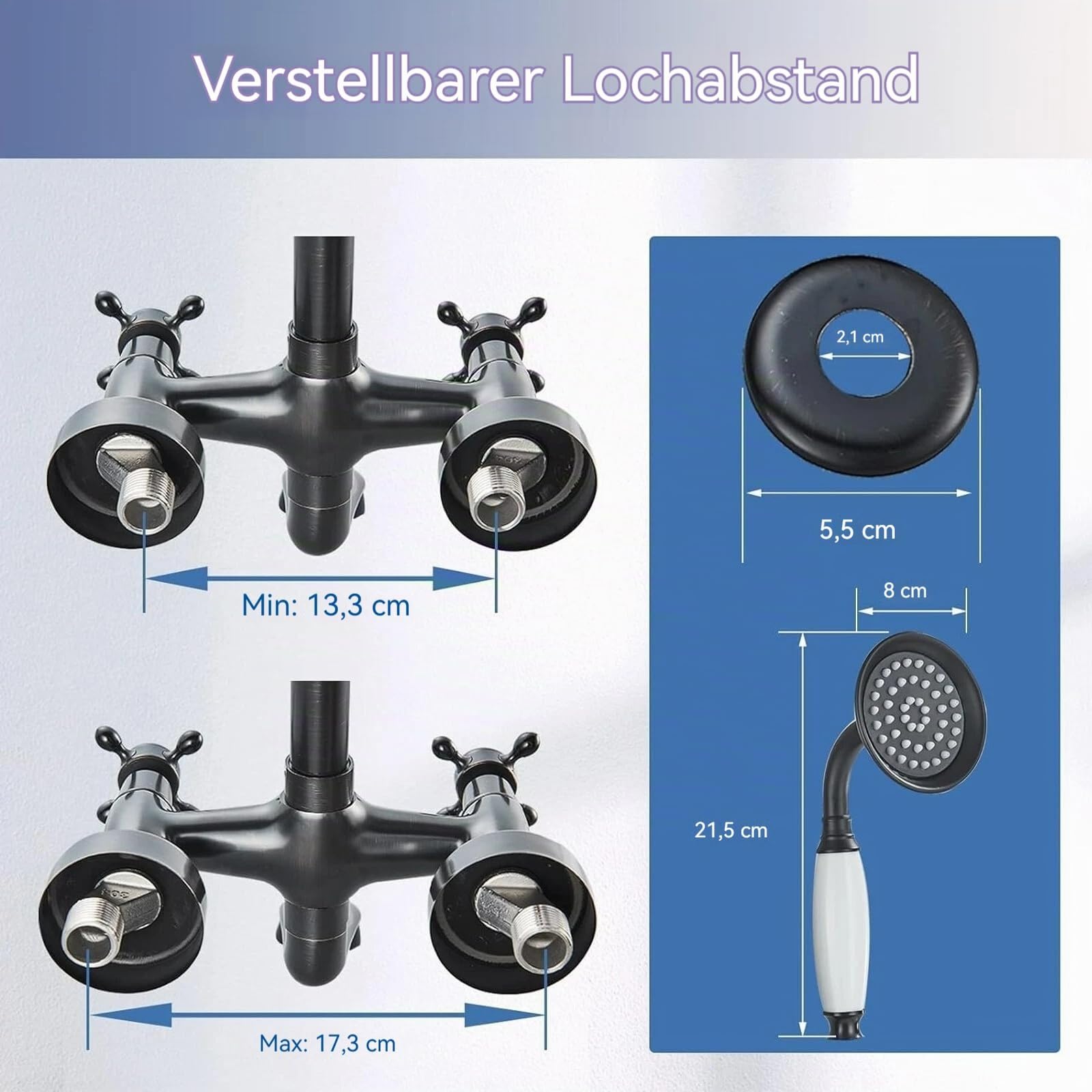 Retro-Duschsystem mit Armatur, 3 Funktionen, Schwarz | Nicht thermostatisch; Kopfbrause, Handbrause und Wannenauslauf einzeln wählbar; G1/2, 150 mm, Höhe 80-110cm