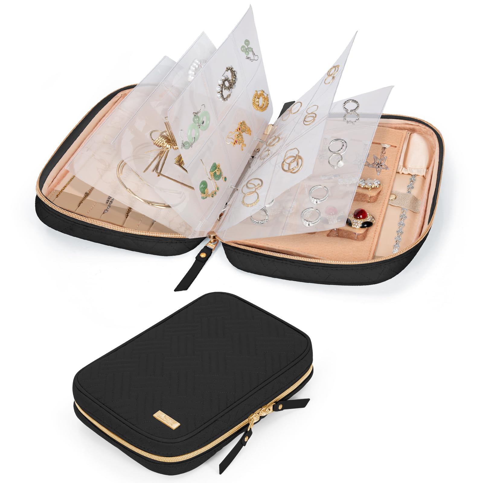 LASUK Travel Jewelry Box, Small Zipper Jewelry Boxes, Portable Jewellery Storage Holder Display, Storage Ring Binder, for Rings, Earrings, Necklaces, Bracelets, Black