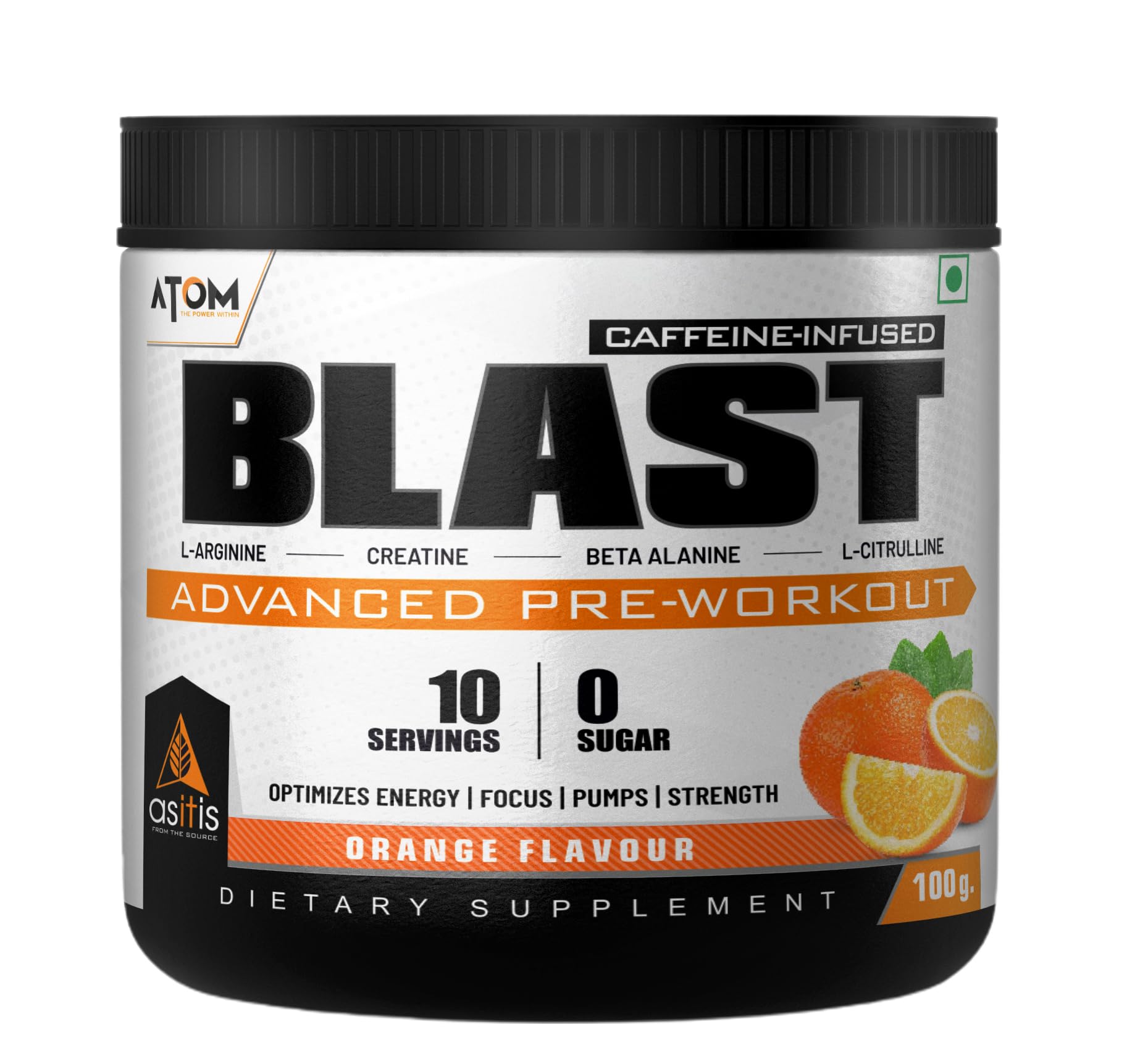 Asitis Nutrition Atom Blast Advanced Pre-Workout Powder - 100Gms, Orange, Caffeine & L- Arginine Infused, Optimizes Energy, Increase Strength & Pumps-picture-30